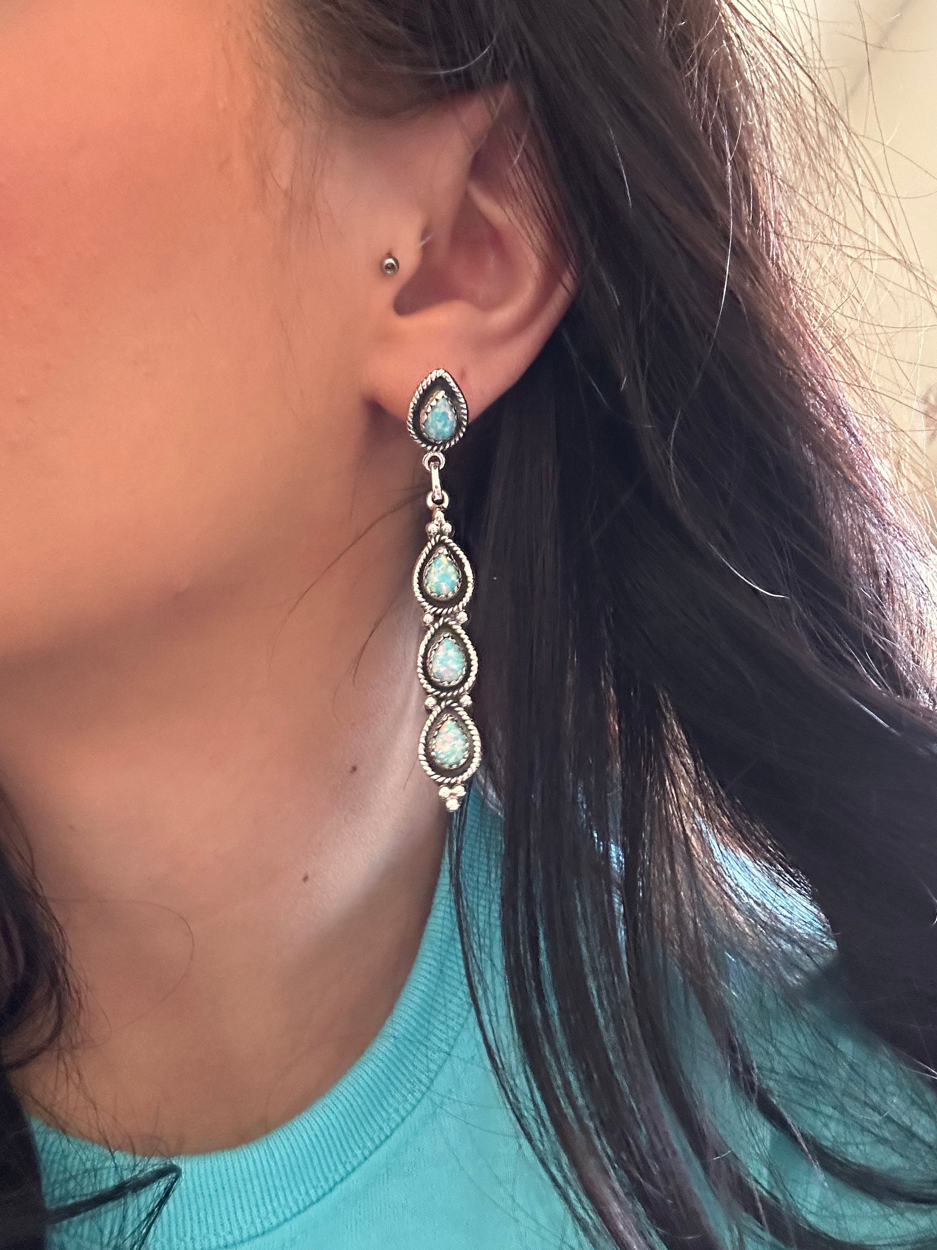 Southwest Handmade Blue Opal & Sterling Silver Post Dangle Earrings