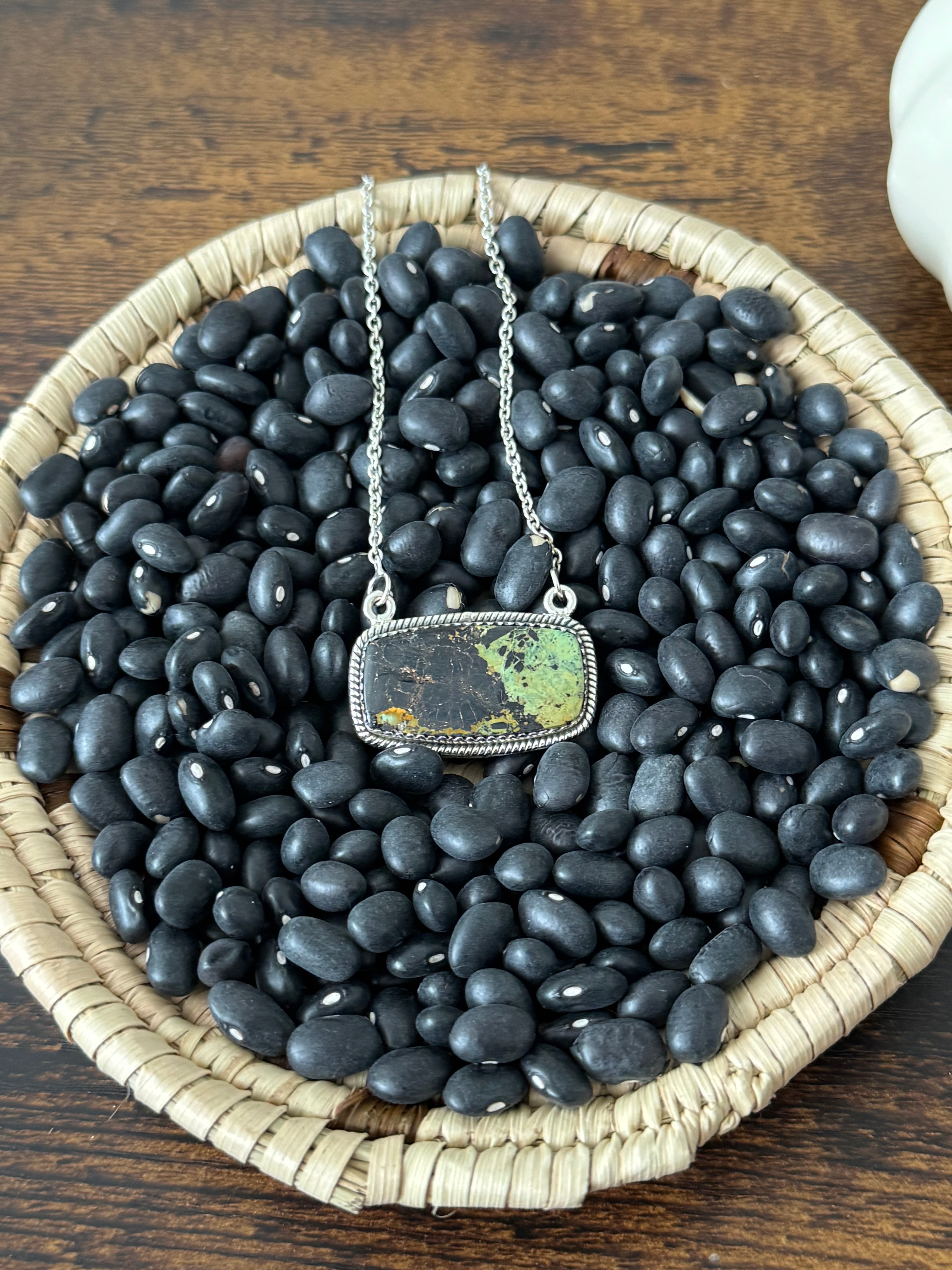 Southwest Handmade Black Jack Turquoise & Sterling Silver Bar Necklace