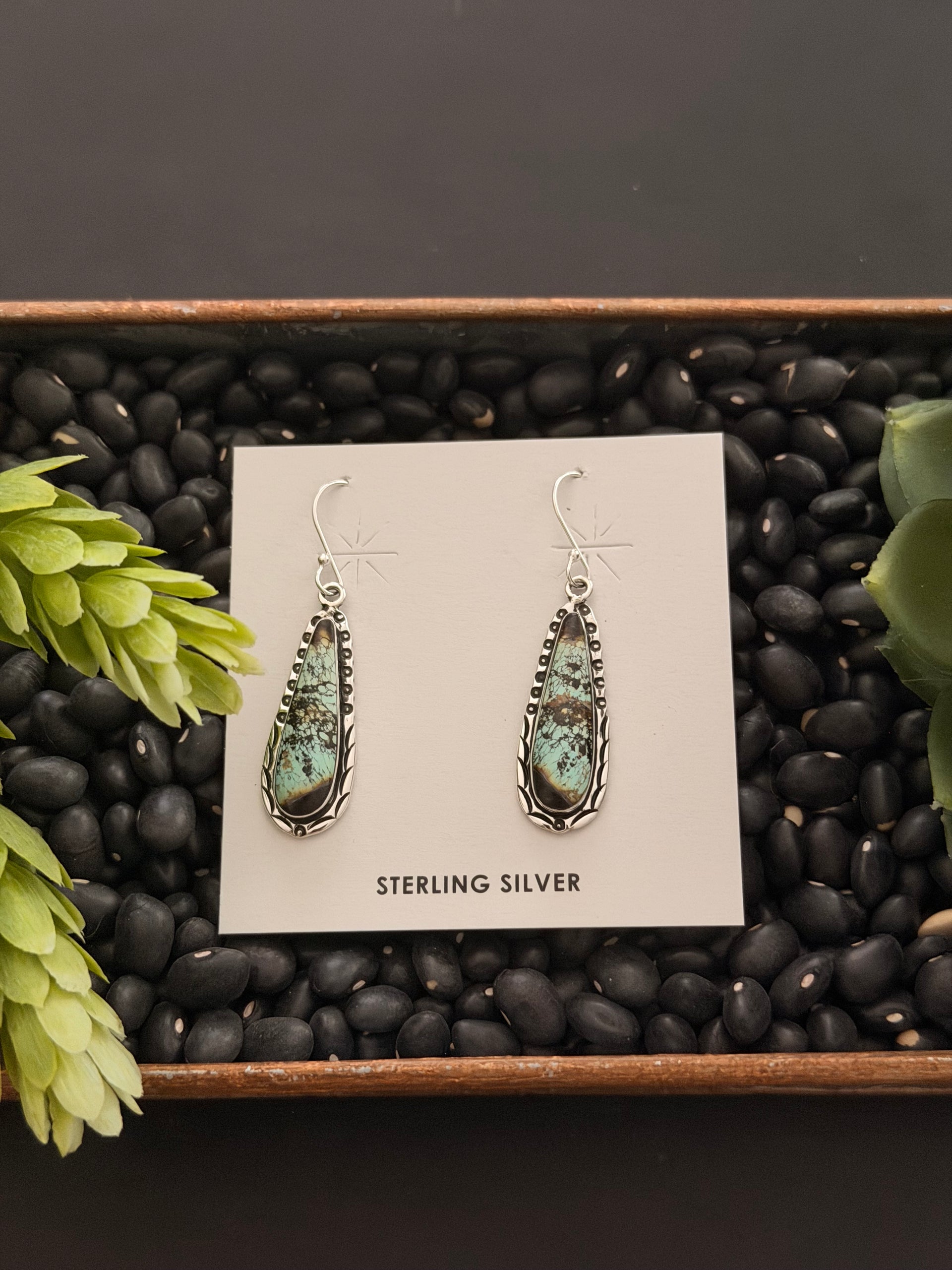Navajo Made Black Jack Turquoise & Sterling Silver Dangle Earrings