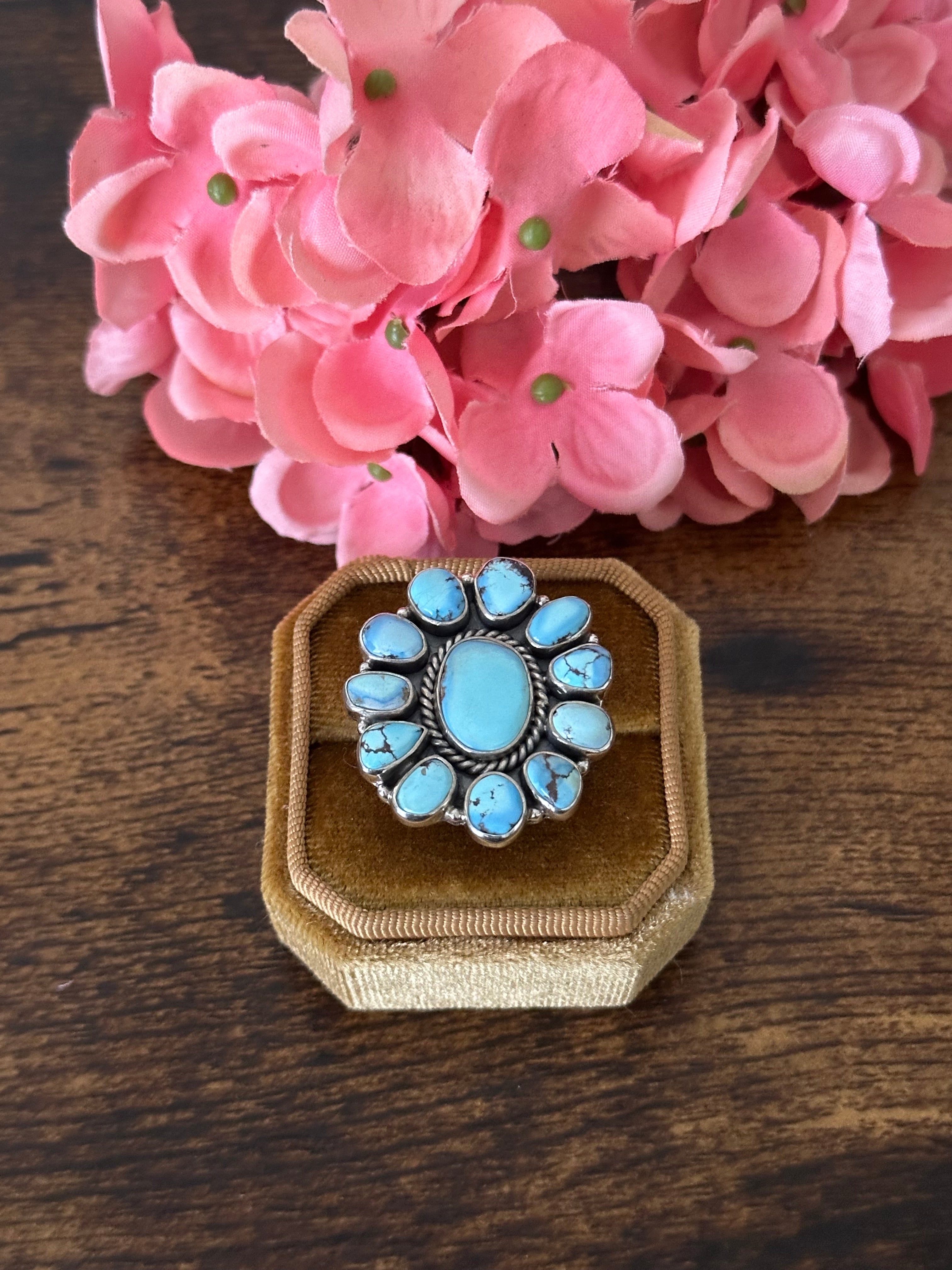 Southwest Handmade Golden Hills Turquoise & Sterling Silver Cluster Adjustable Ring