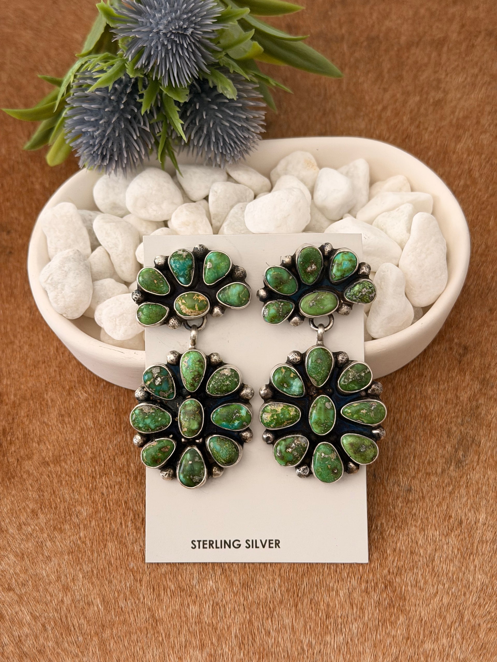 Sheila Becenti Sonoran Gold Turquoise & Sterling Silver Post Dangle Cluster Earrings