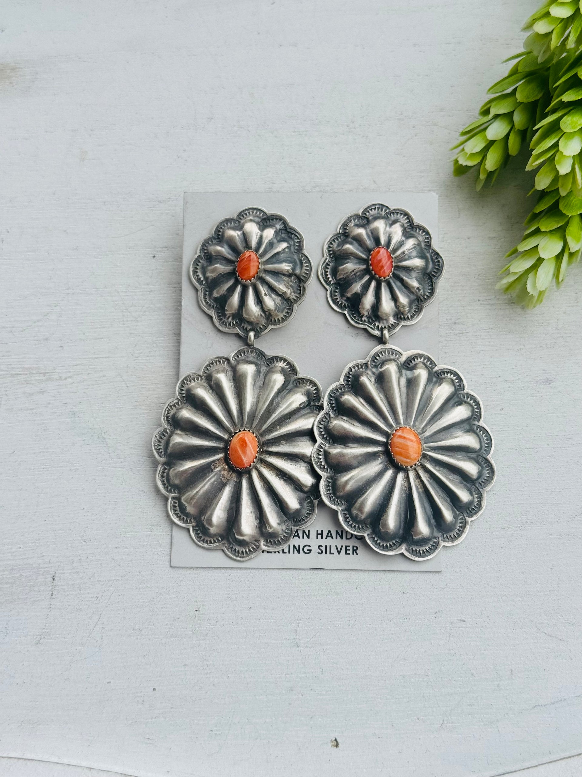 Navajo Made Spiny Oyster & Sterling Silver Post Concho Earrings