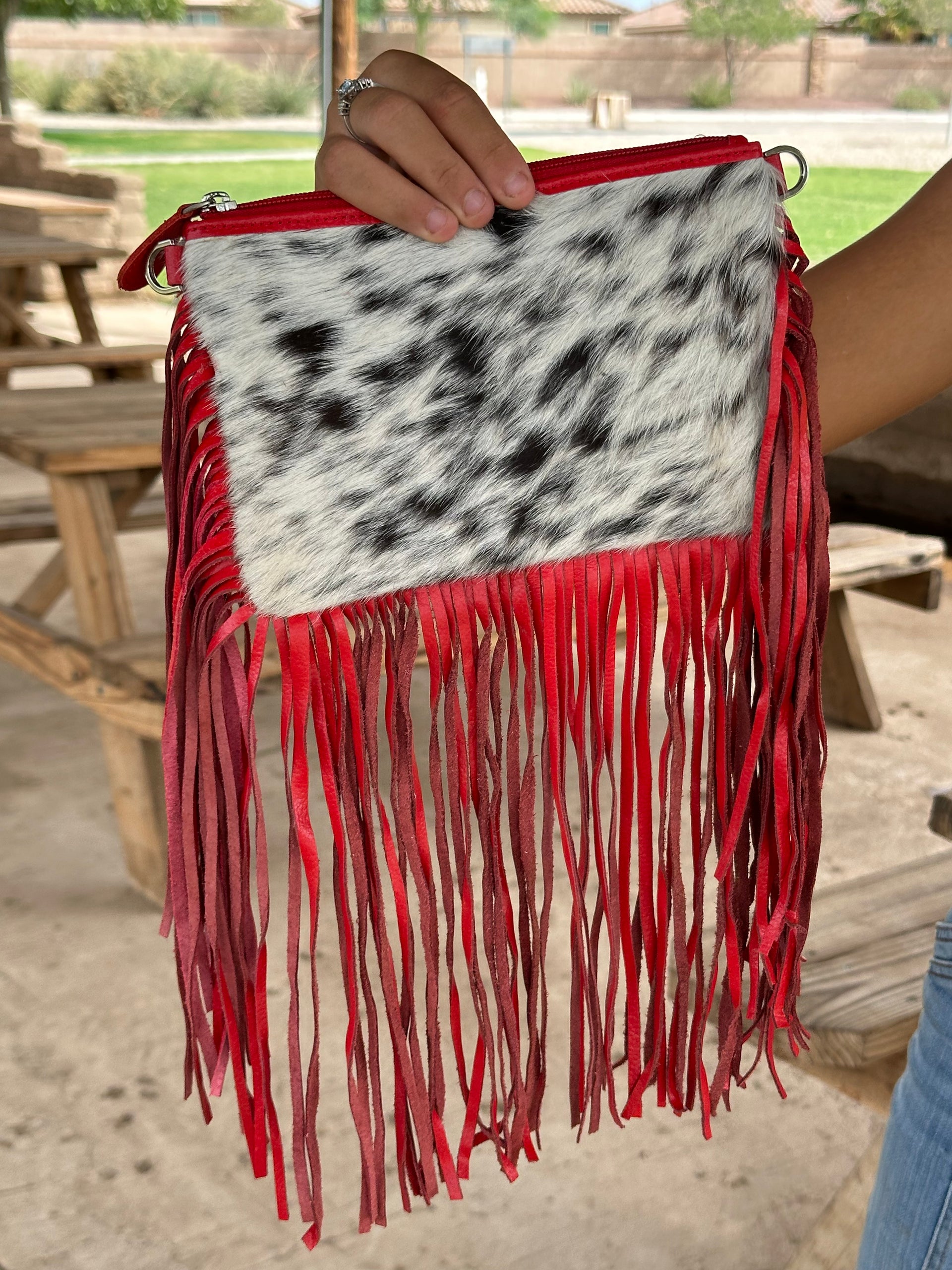 Genuine Leather Cowhide Tooled Cross Body Fringe Purse