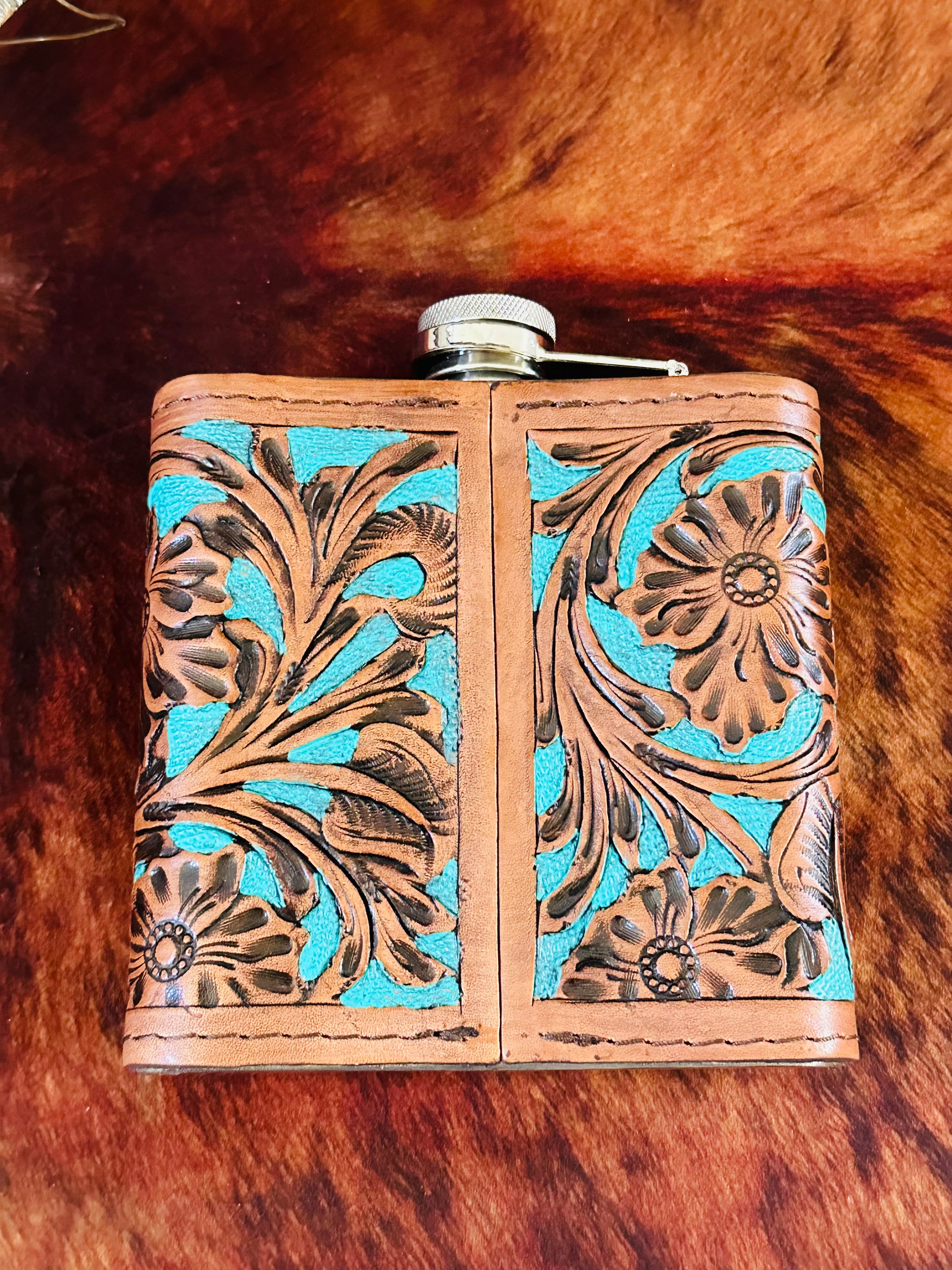 Genuine Tooled Leather 16 oz Flask