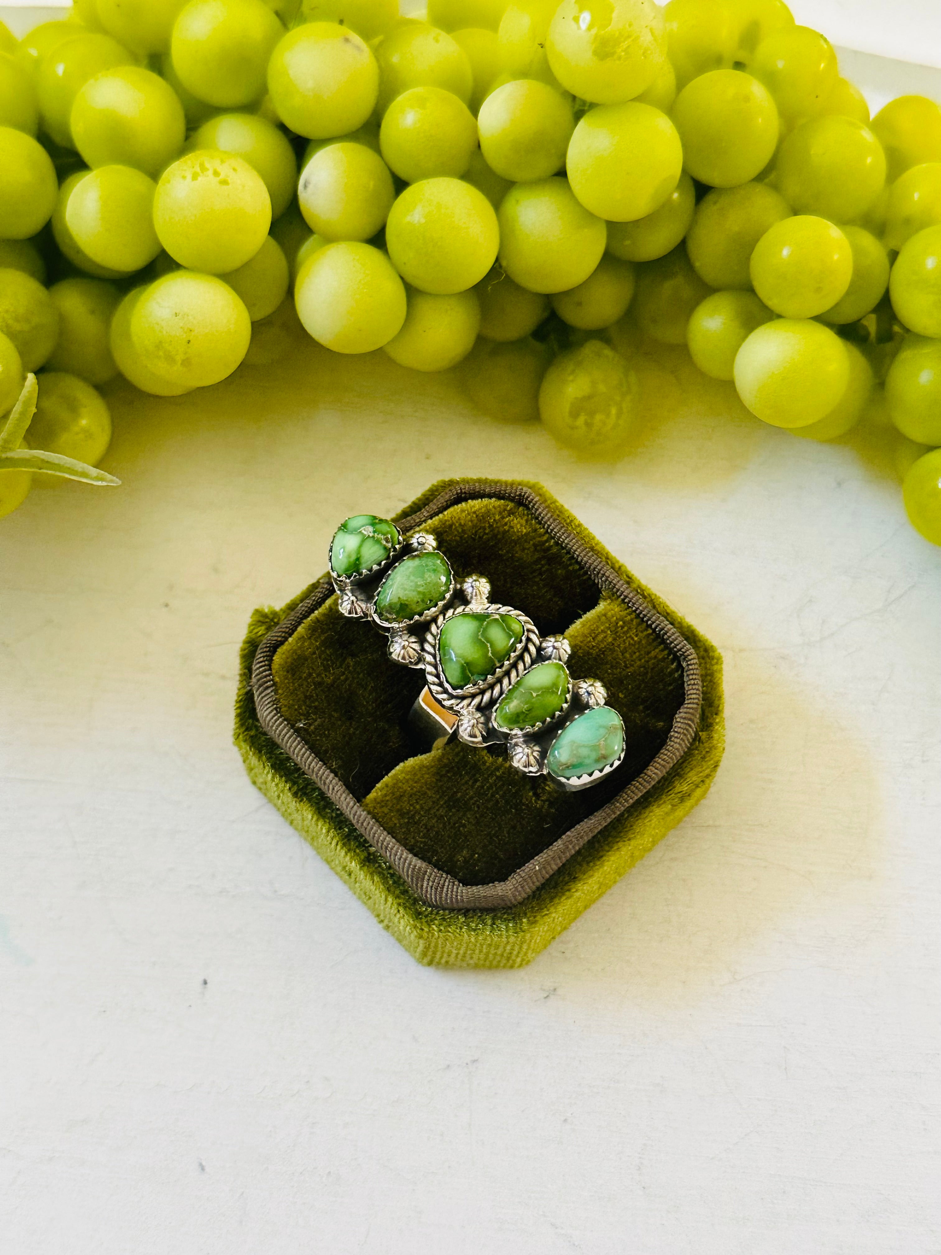 Southwest Handmade Emerald Valley Turquoise & Sterling Silver Adjustable Cluster Ring