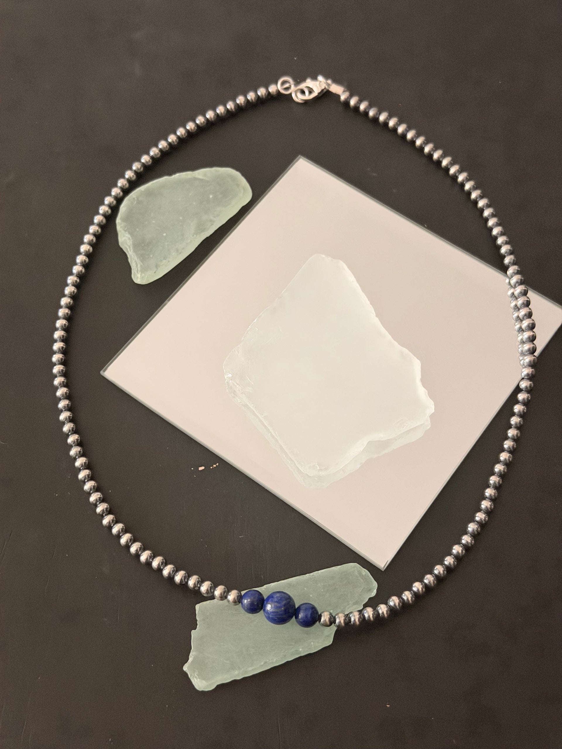Navajo Strung Lapis & Sterling Silver Machine Made 20” Pearls Beaded Necklace