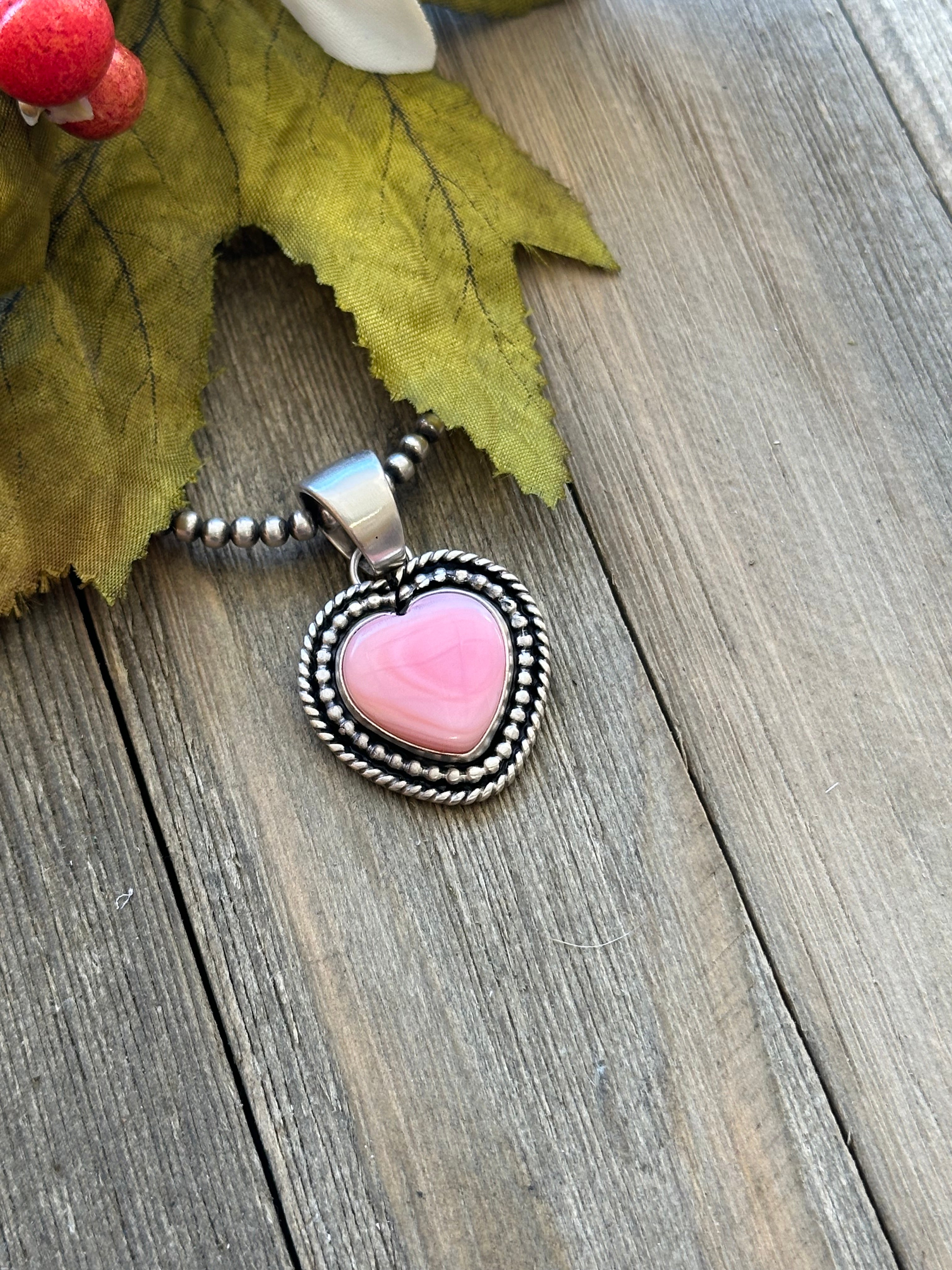 Navajo Made Pink Conch & Sterling Silver Heart Pendant