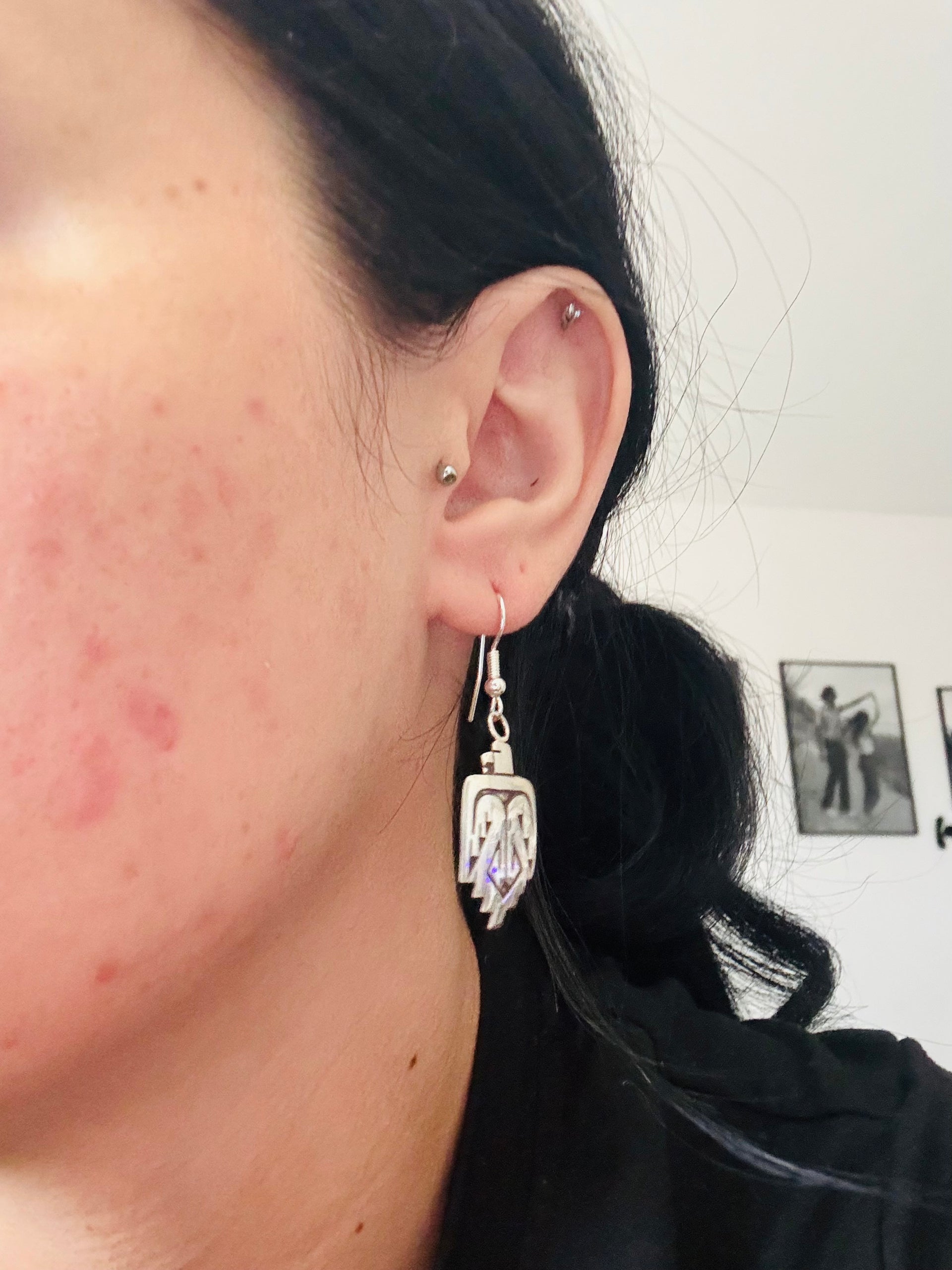 Navajo Made Sterling Silver Cast Dangle Thunderbird Earrings