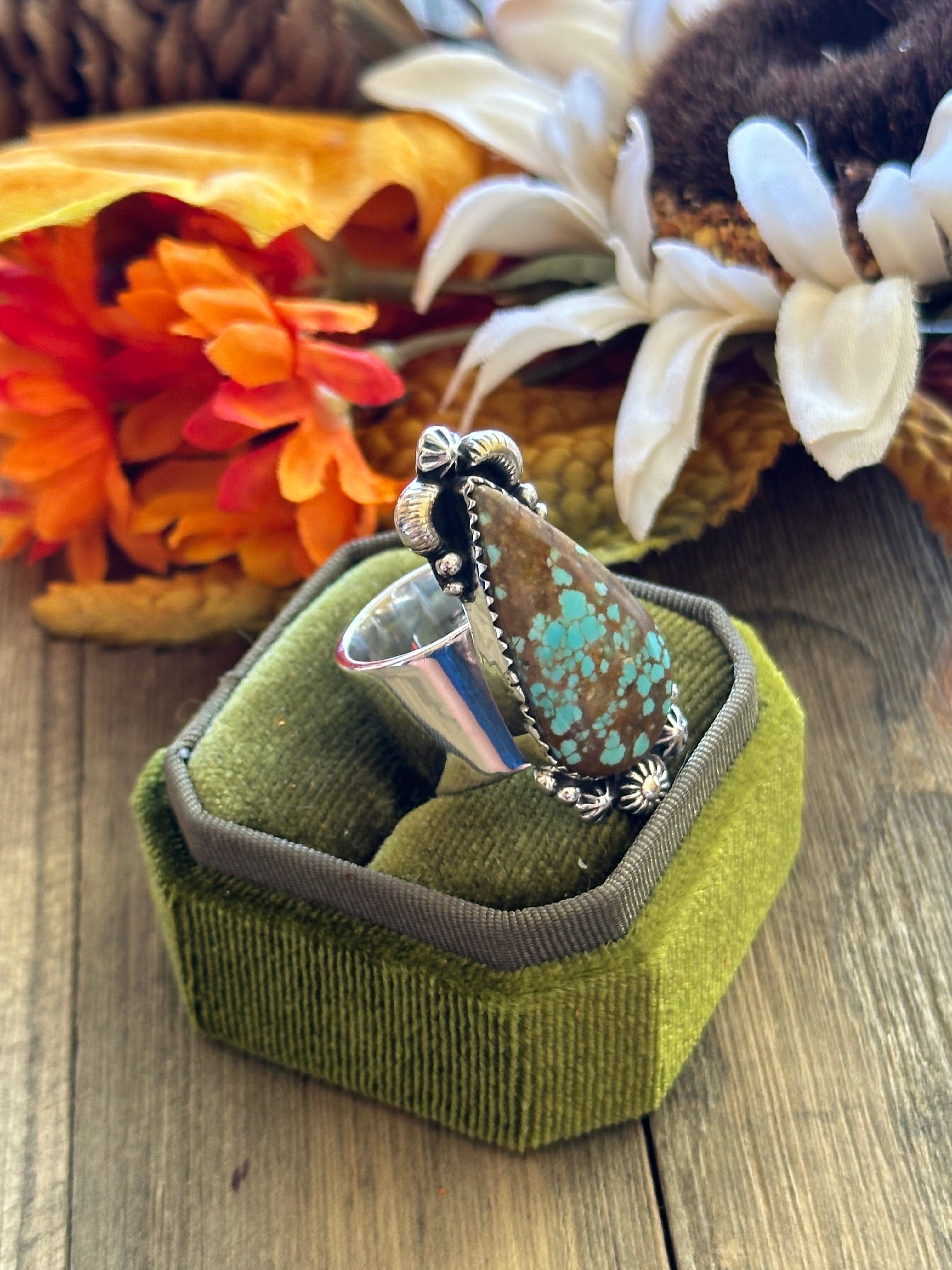 Southwest Handmade #8 Turquoise & Sterling Silver Adjustable Ring