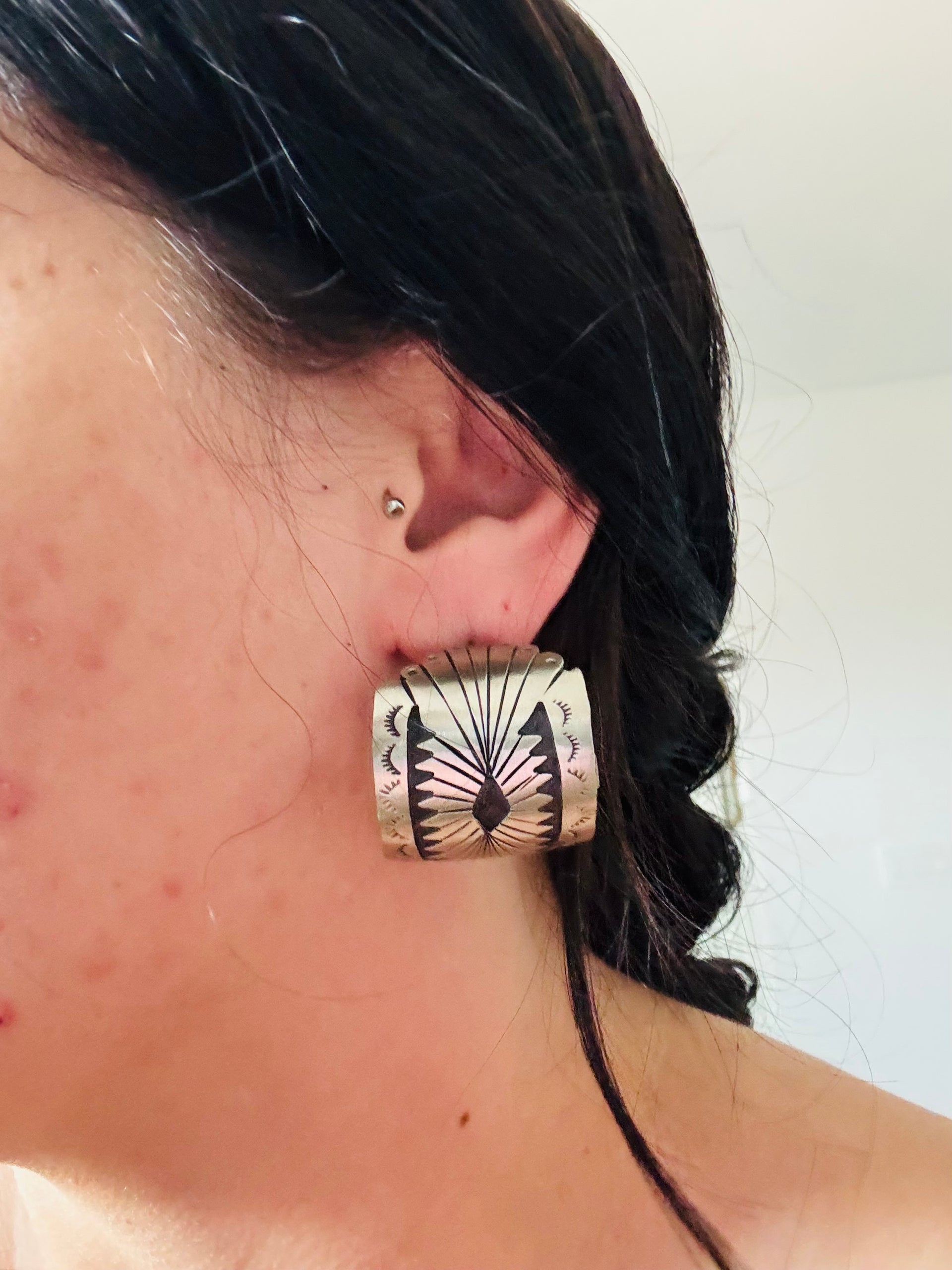 Navajo Made Sterling Silver Post Hoop Earrings