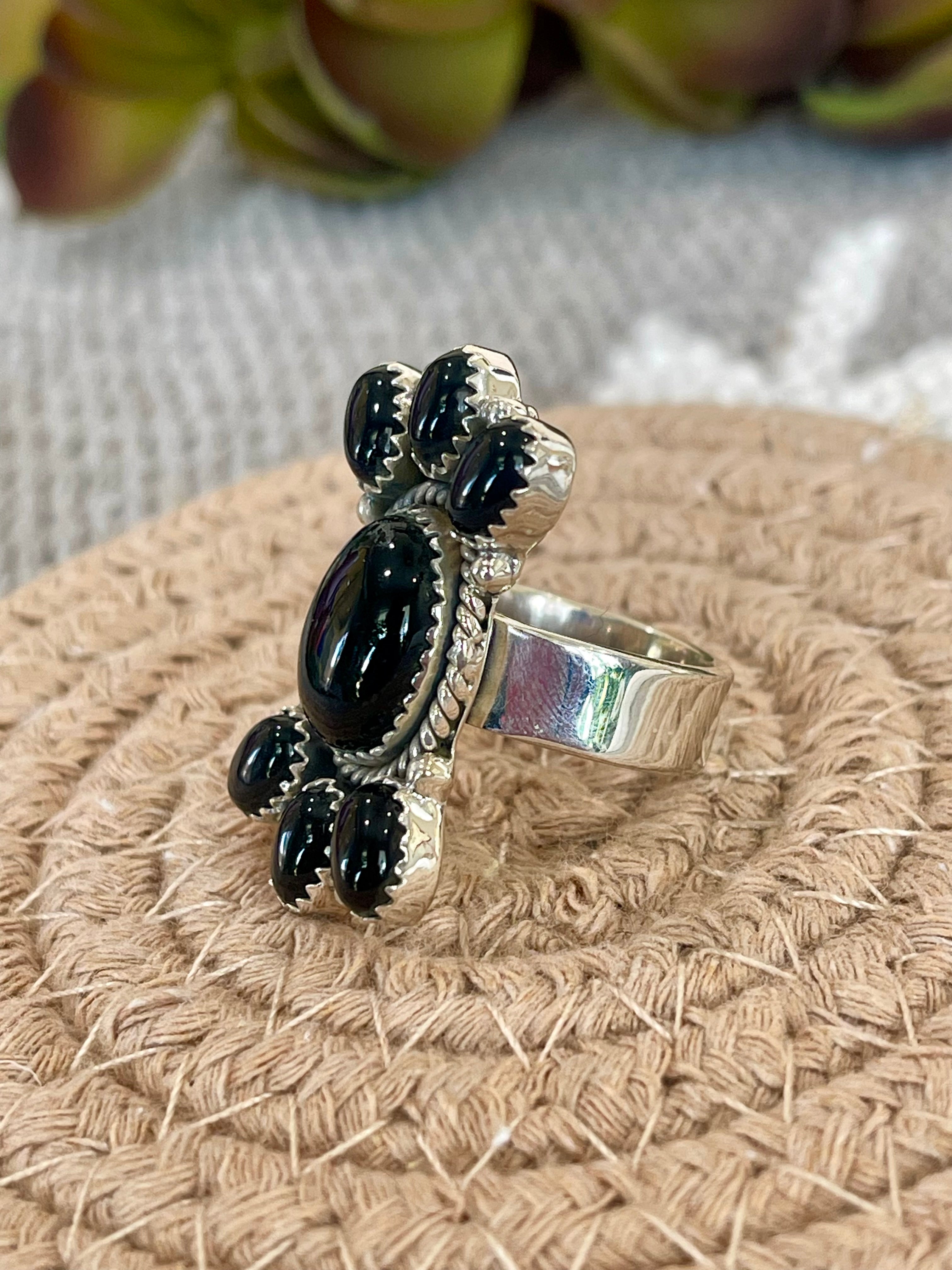 Southwest Handmade Black Onyx & Sterling Silver Adjustable Cluster Ring