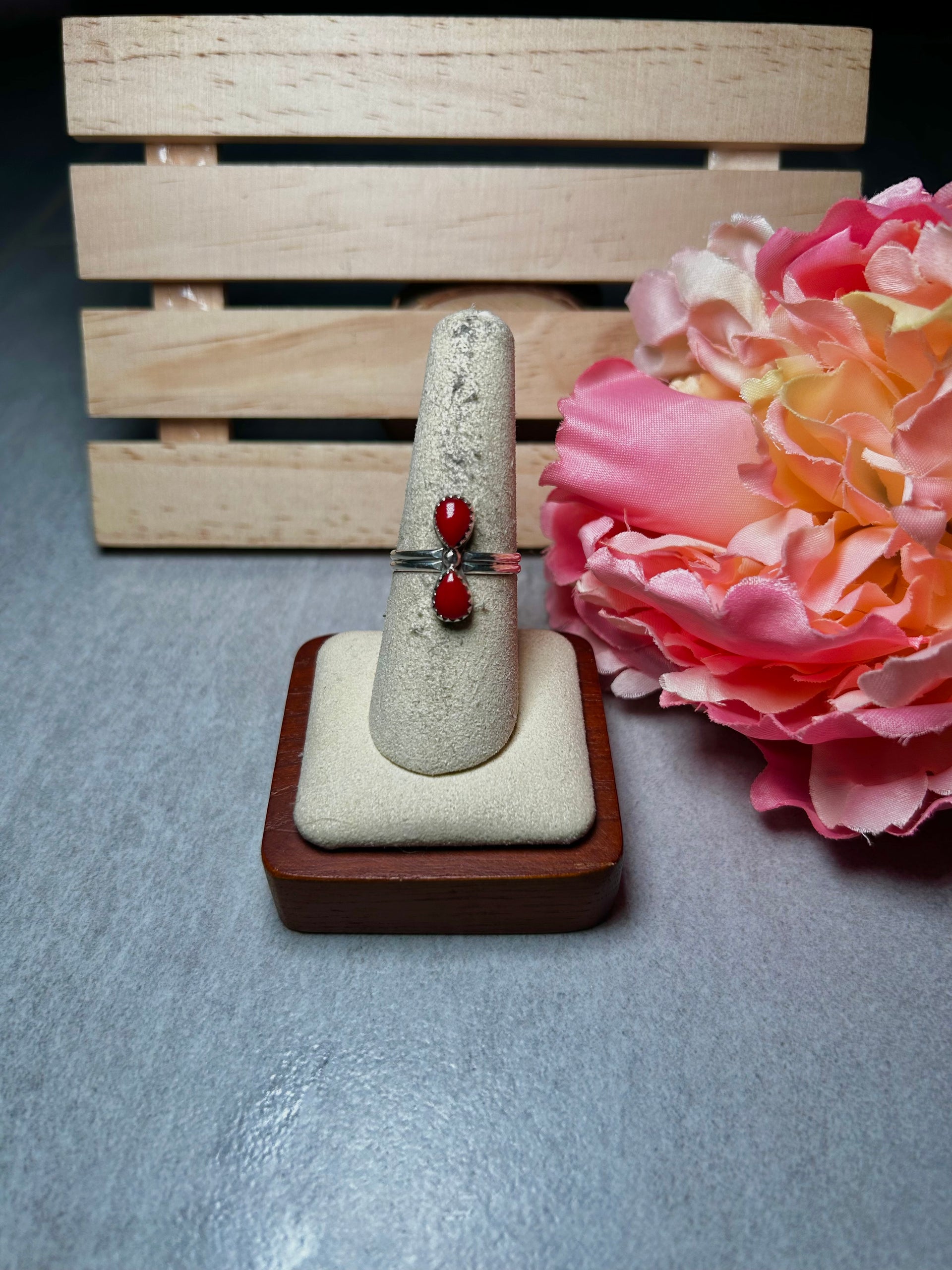 Navajo Made Natural Red Coral & Sterling Silver Ring