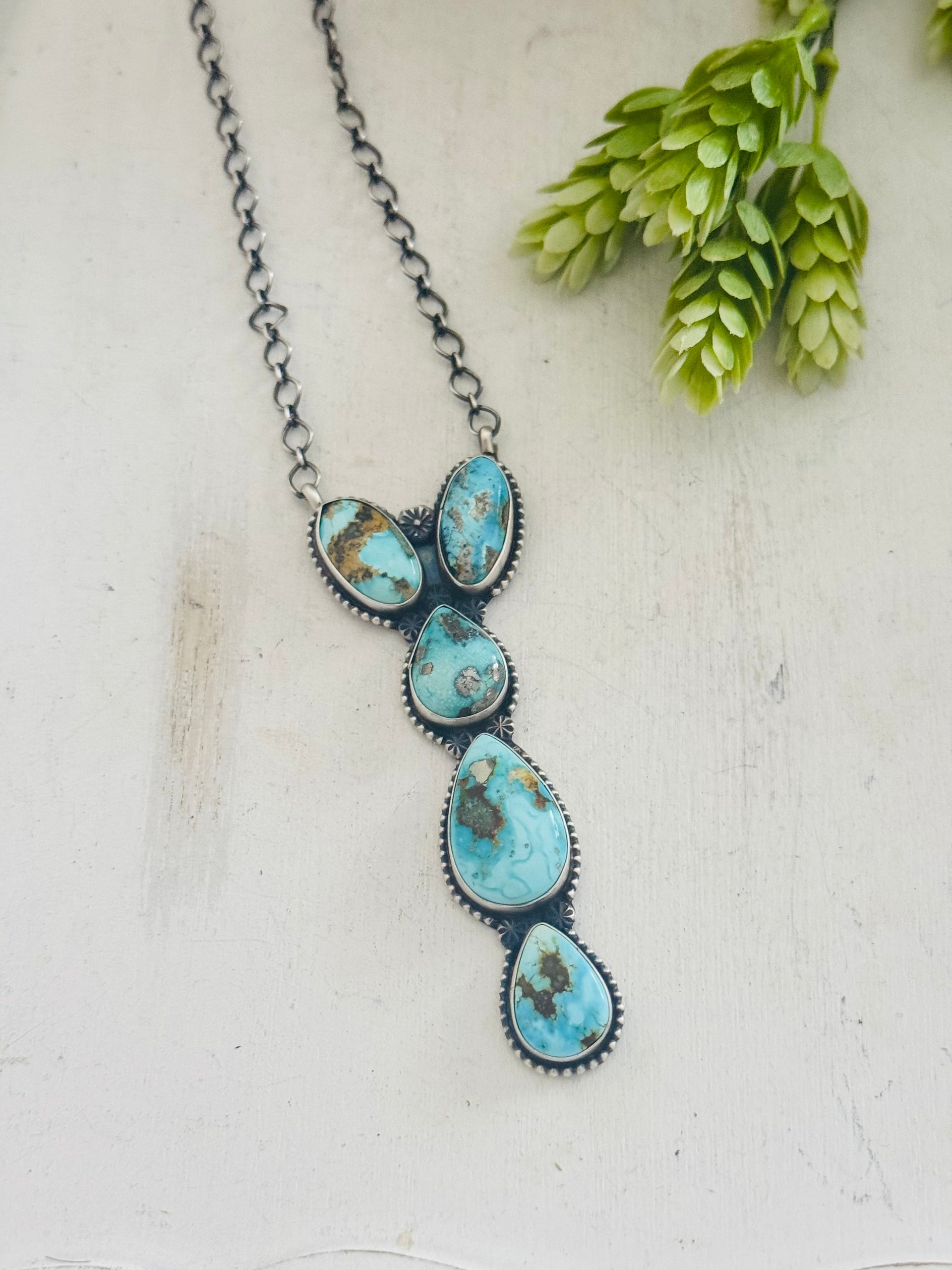 Navajo Made Royston Turquoise & Sterling Silver Cluster Necklace