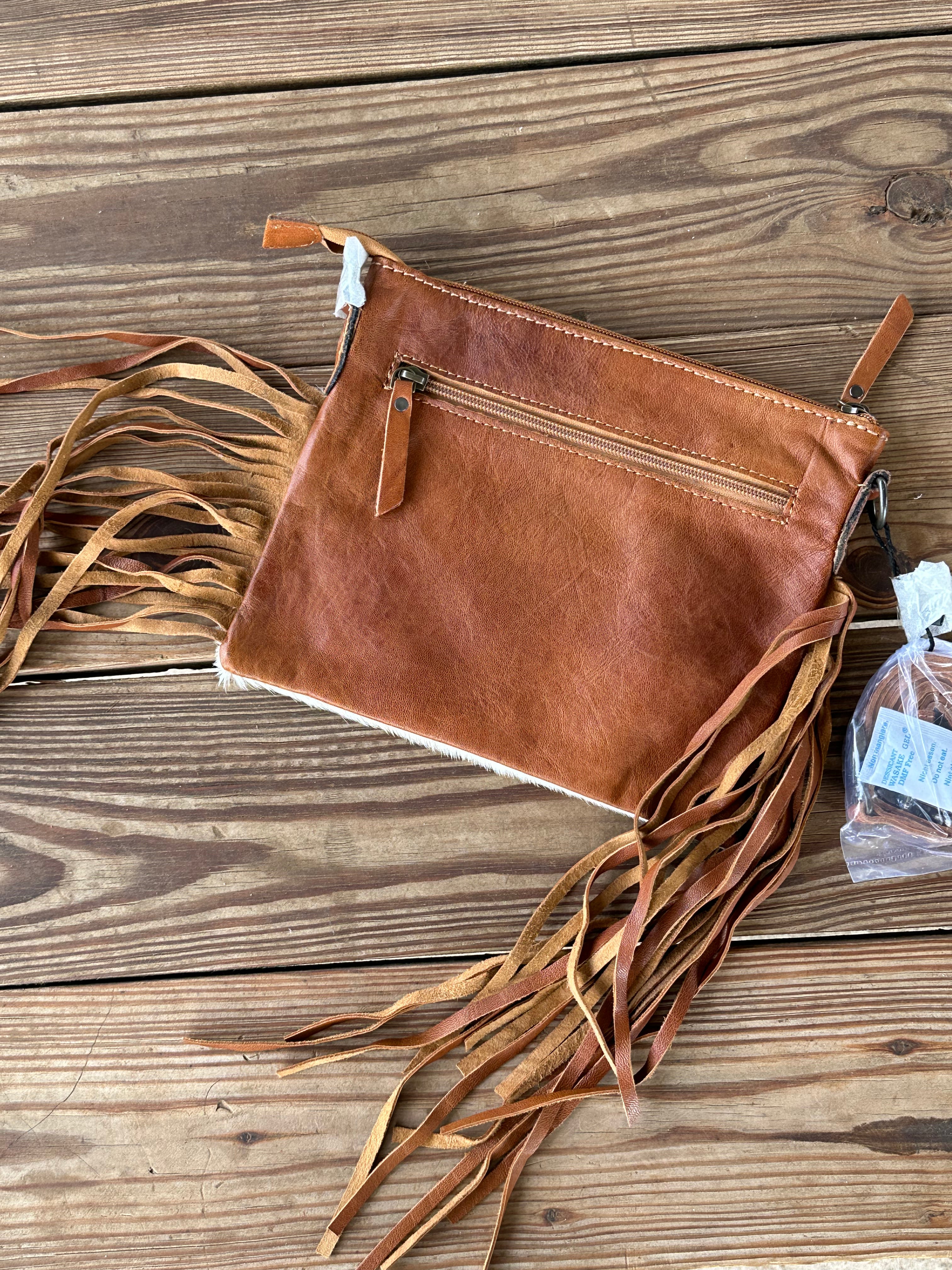 Genuine Leather Cowhide Tooled Cross Body Fringe Purse