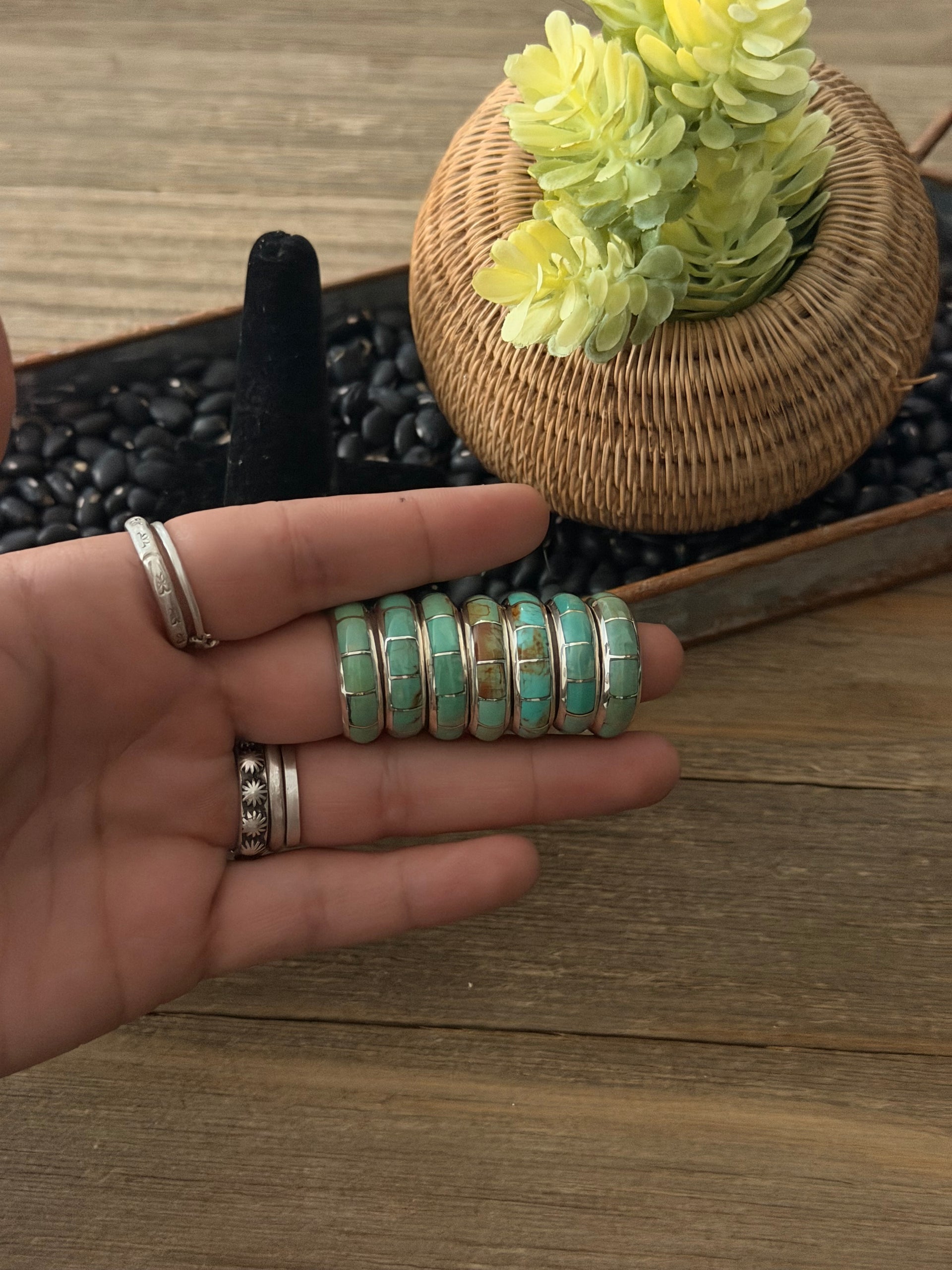 Navajo Made Kingman Turquoise & Sterling Silver Inlay Band Ring