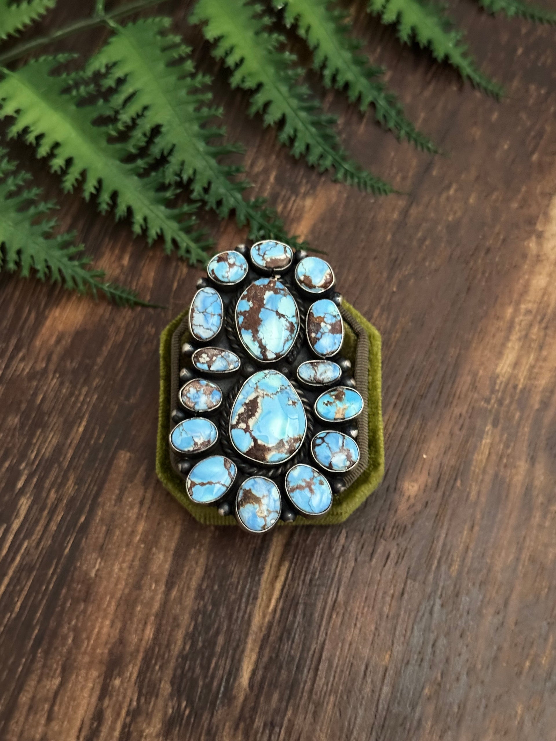 Blaine Yellowhorse Golden Hills Turquoise & Sterling Silver Cluster Ring Size 8