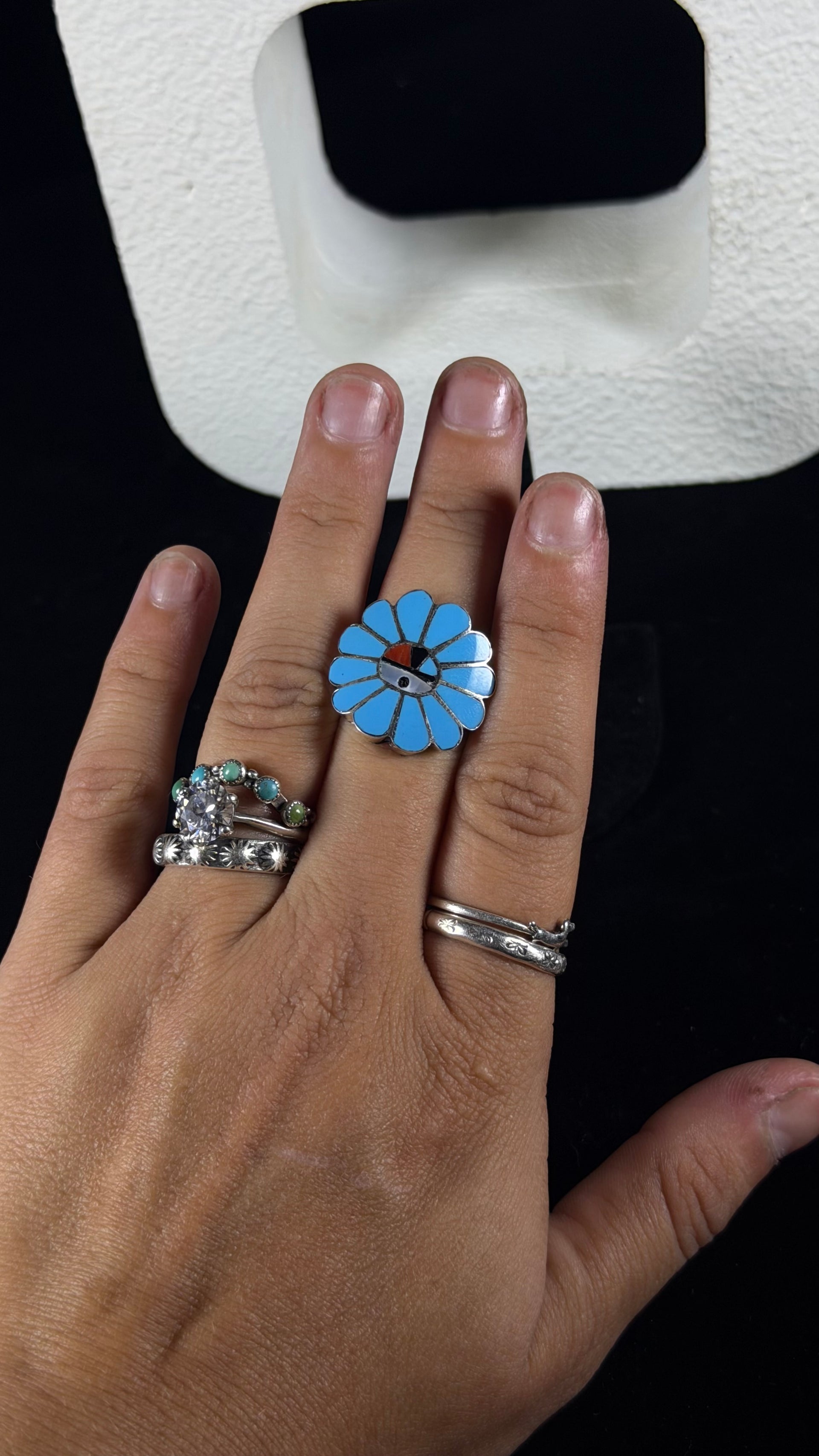 Zuni Made Multi Stone & Sterling Silver Inlay Sunface Ring Size 6.75