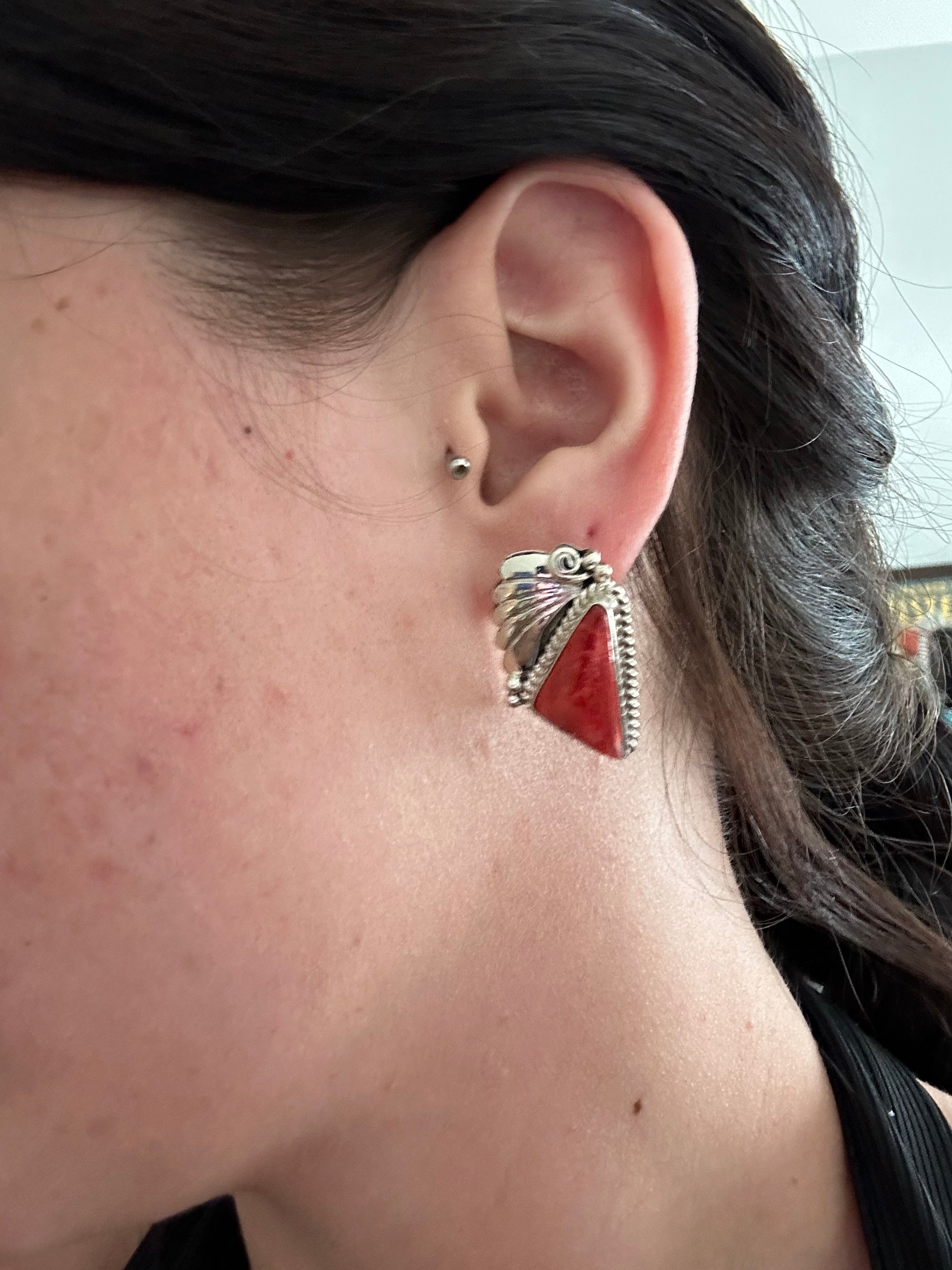 Julia Etsitty Spiny Oyster & Sterling Silver Feather Post Dangle Earrings