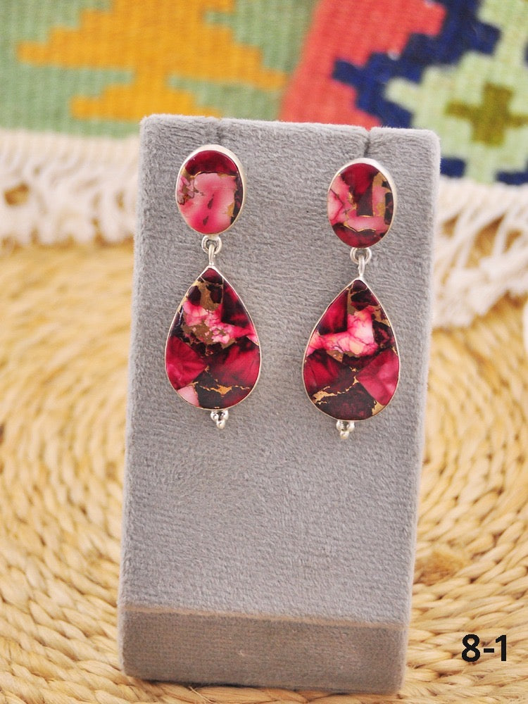 Southwest Made Rose Dahlia & Sterling Silver Dangle Earrings
