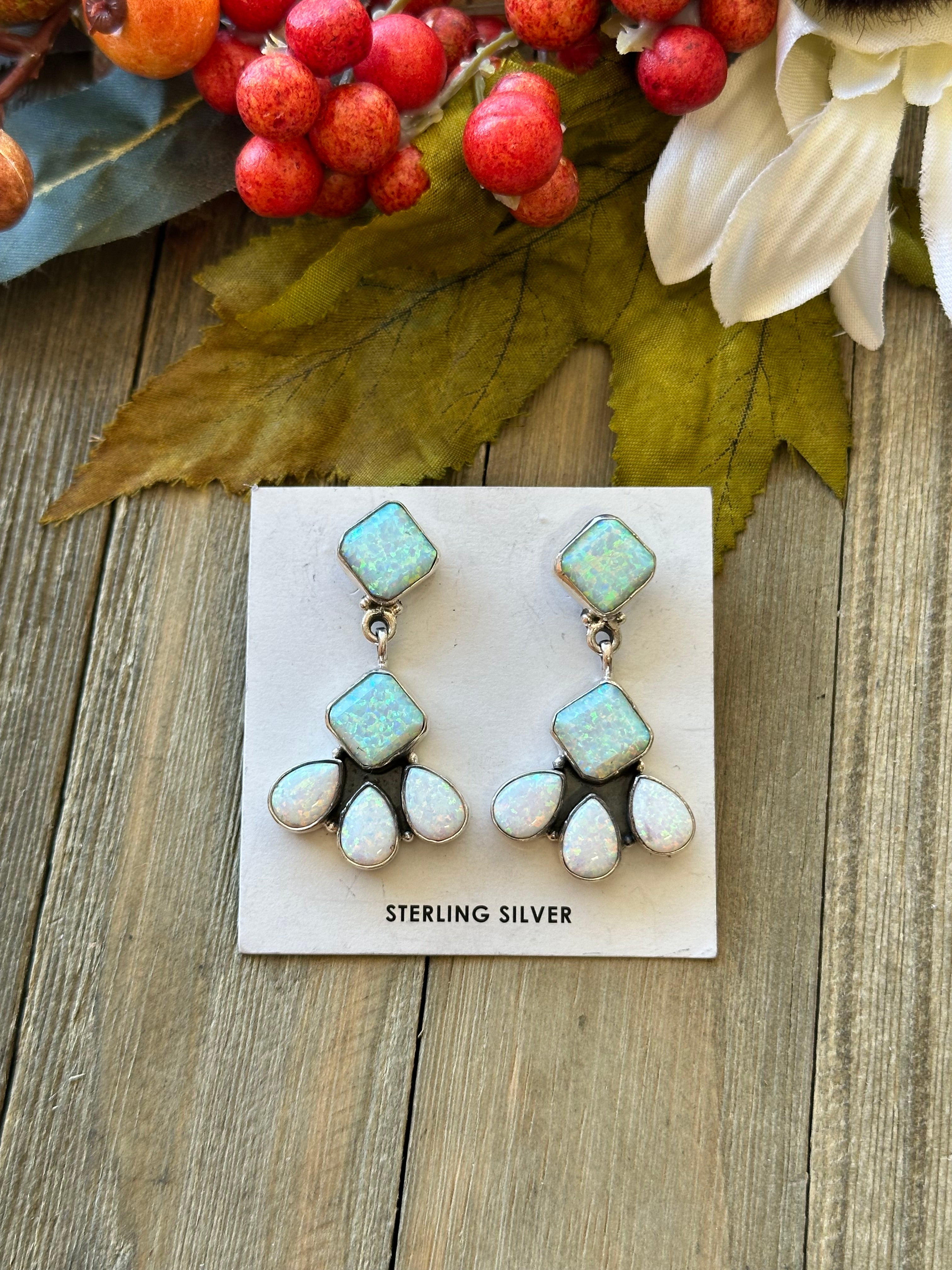 Navajo Made Opal (Man Made) & Sterling Silver Post Dangle Earrings