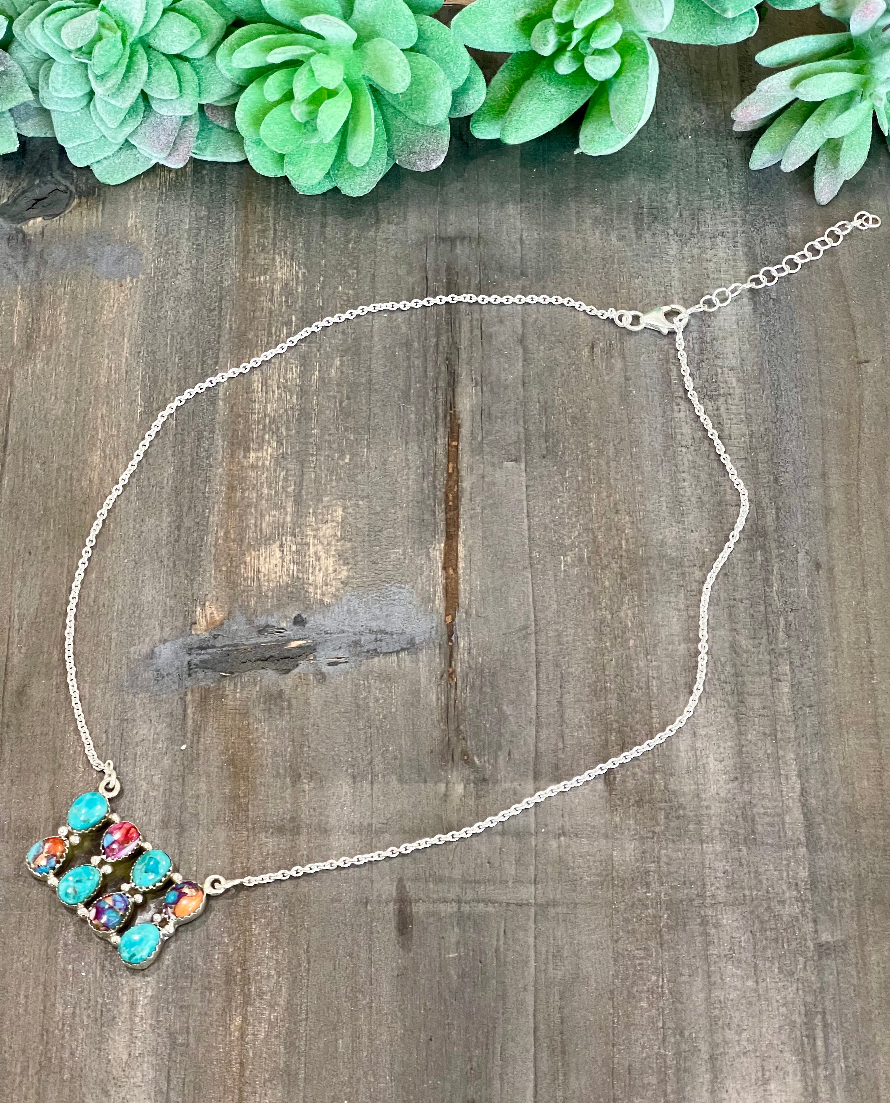 Southwest Handmade Multi Stone & Sterling Silver Cluster Bar Necklace