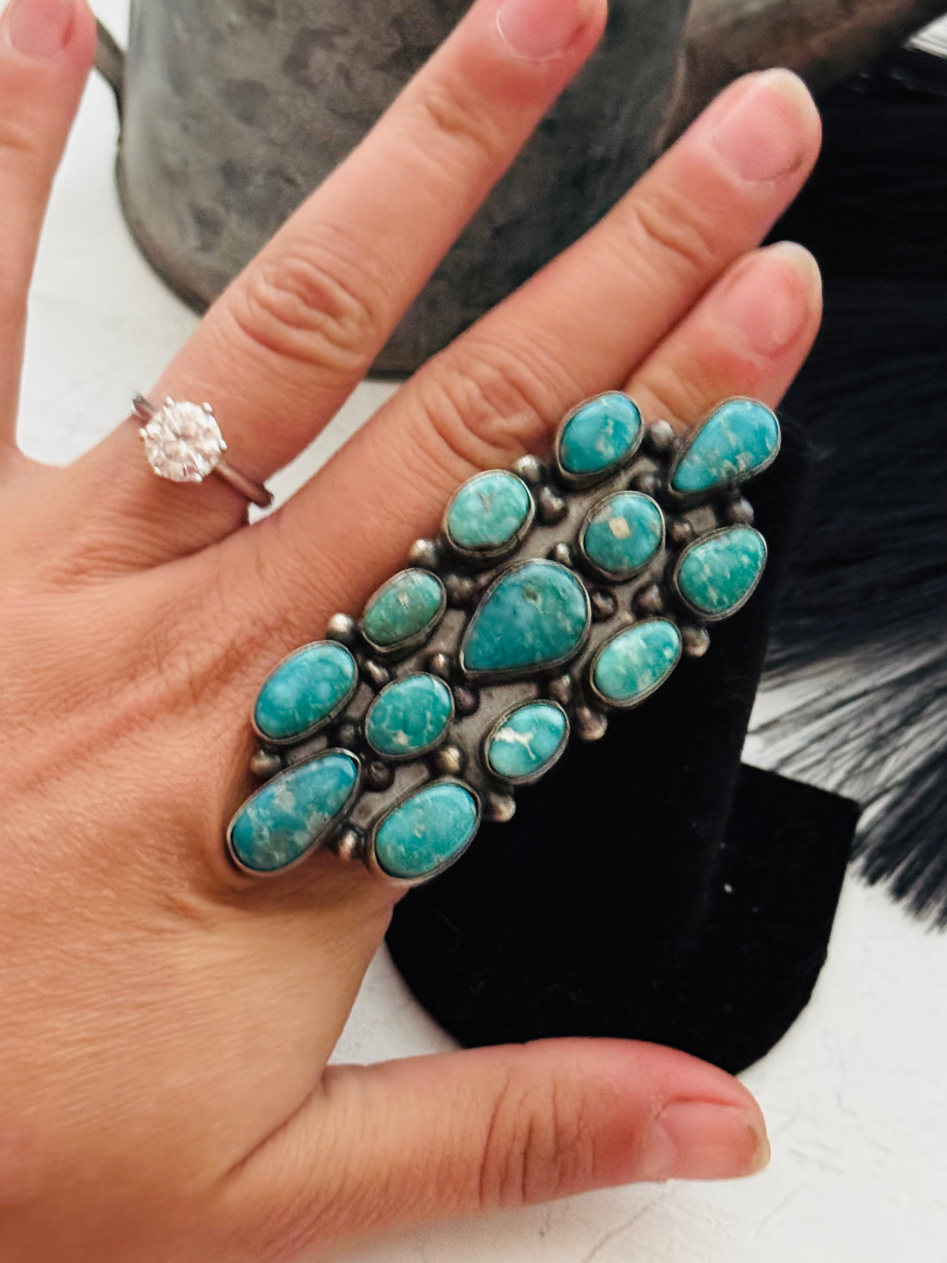 Sheila Becenti White Water Turquoise & Sterling Silver Cluster Ring Size 9