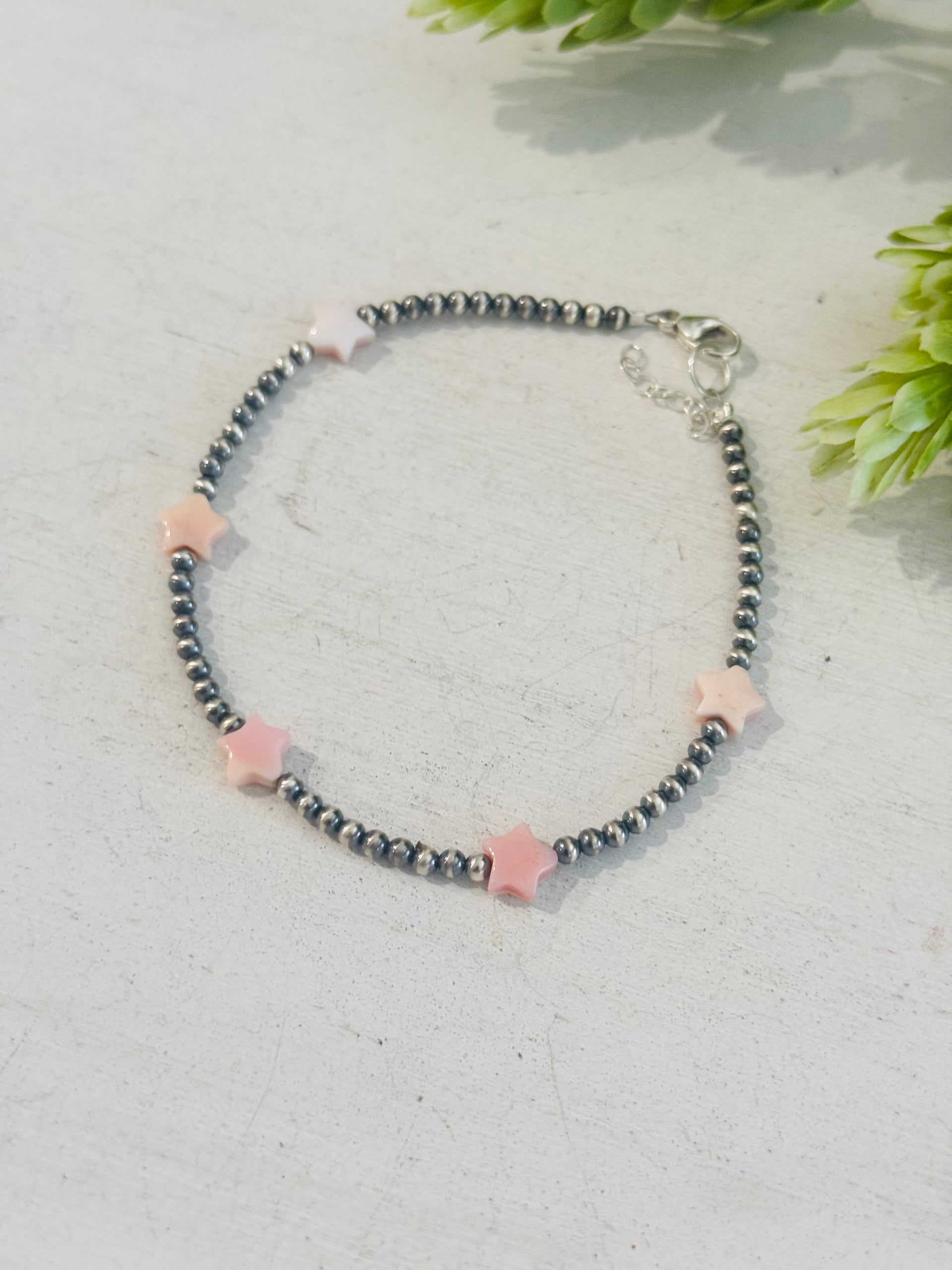 Southwest Strung Pink Conch & Sterling Silver Beaded Anklet
