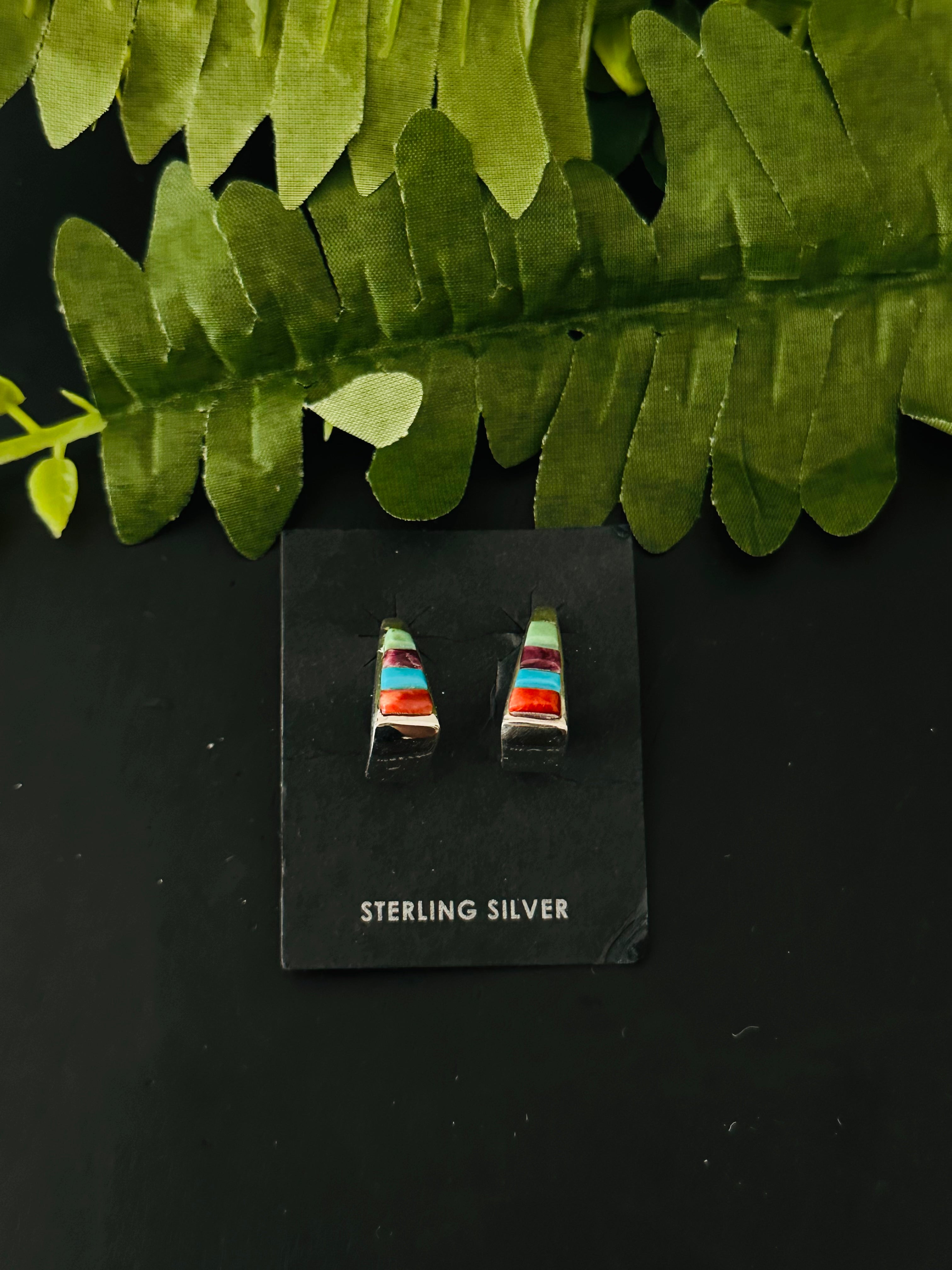 Navajo Made Multi Stone & Sterling Silver Inlay Post Earrings