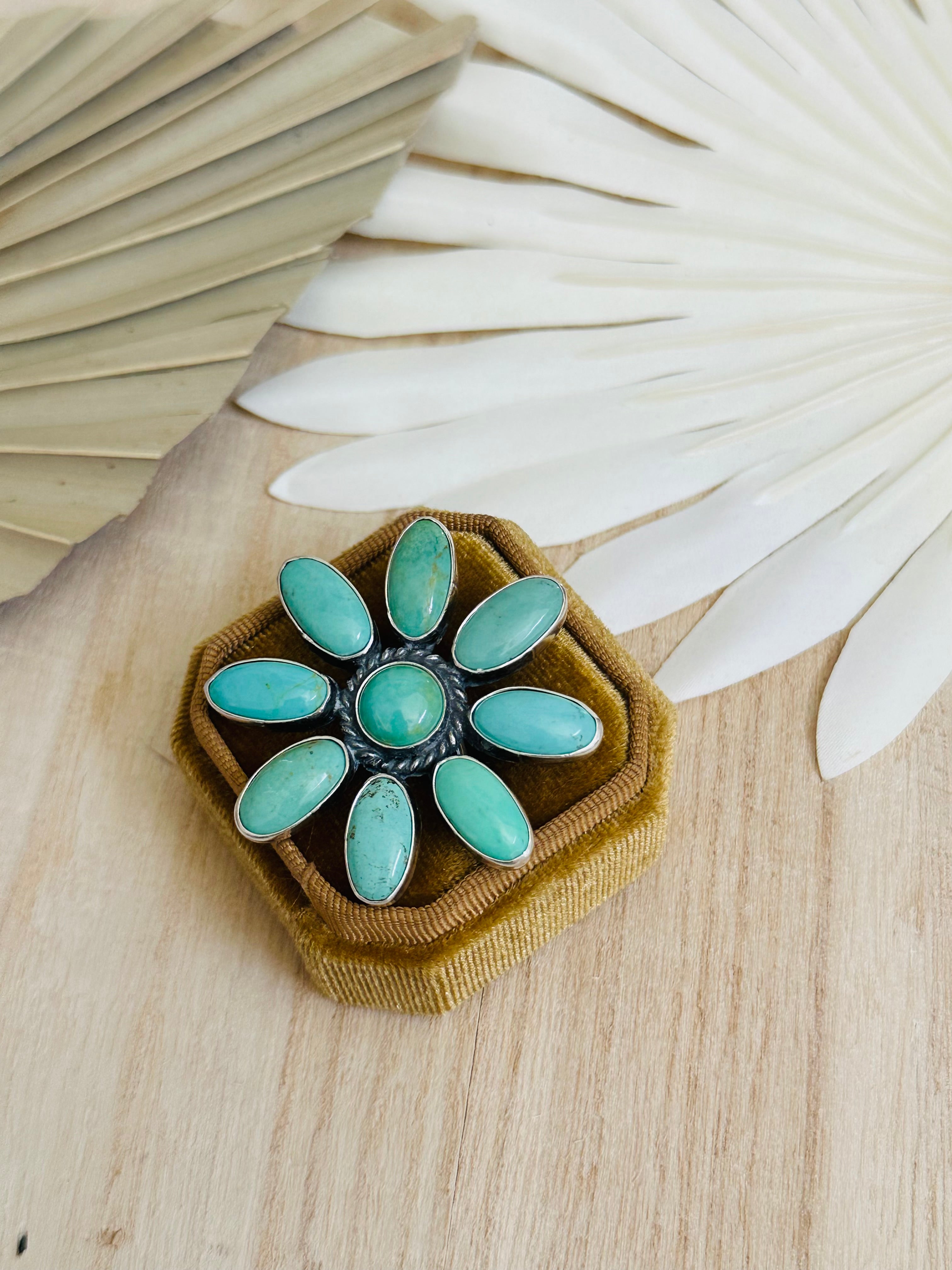 Navajo Made Kingman Turquoise & Sterling Silver Adjustable Cluster Ring