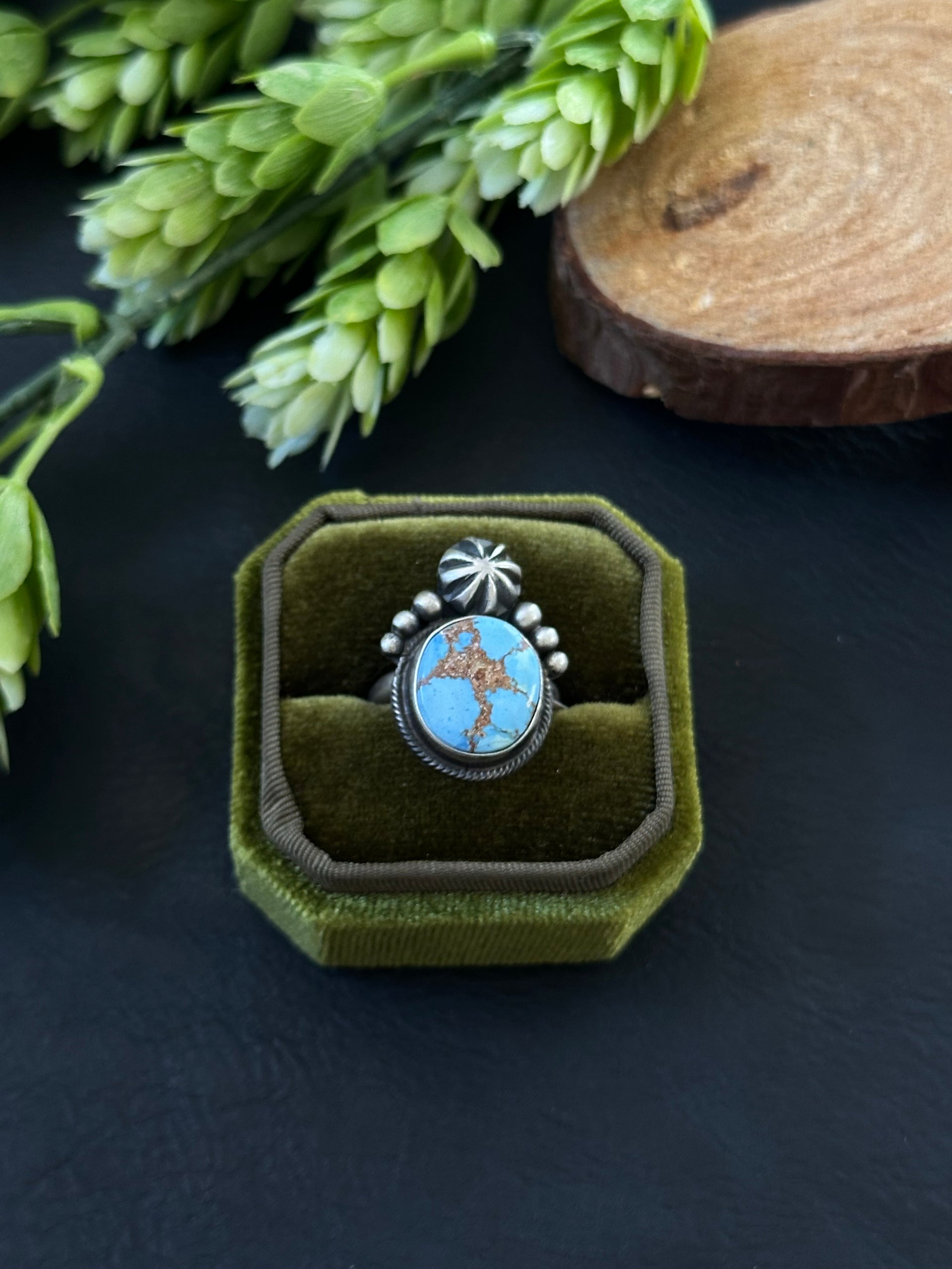 Marie Tsosie Golden Hills Turquoise & Sterling Silver Ring Size 7.5