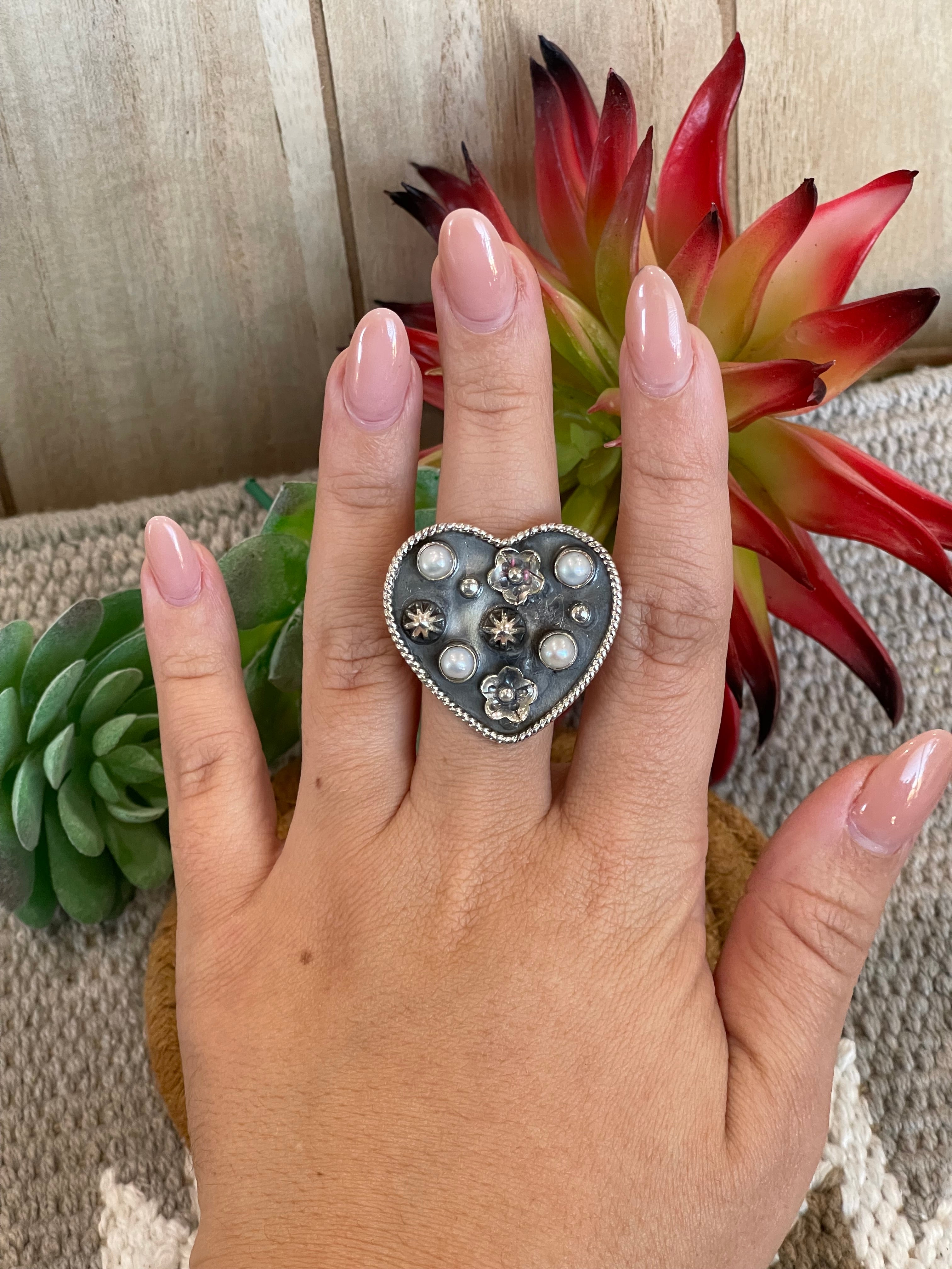 Southwest Handmade Mother Of Pearl & Sterling Silver Adjustable Heart Ring