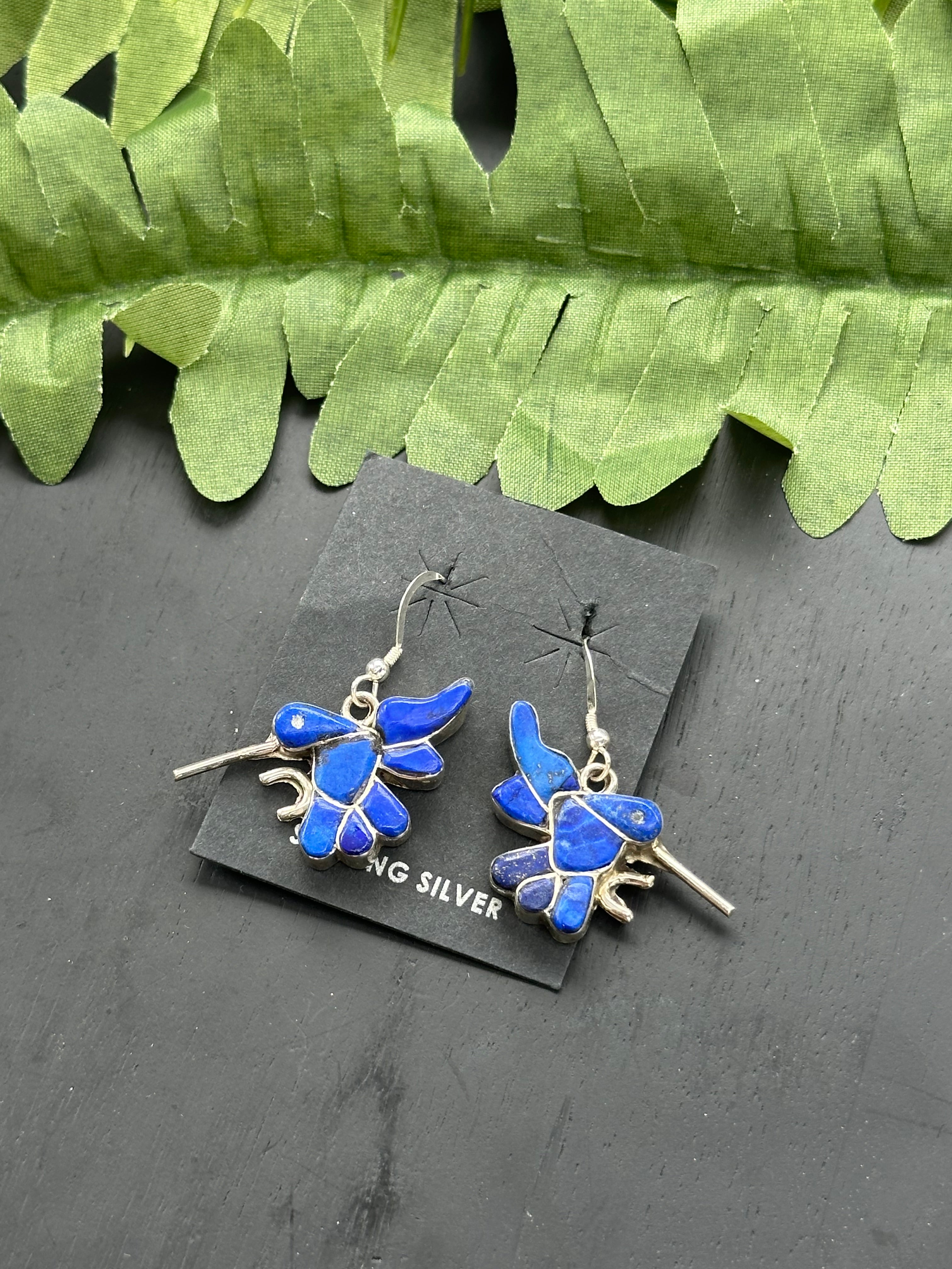 Zuni Made Lapis & Sterling Silver Hummingbird Dangle Earrings