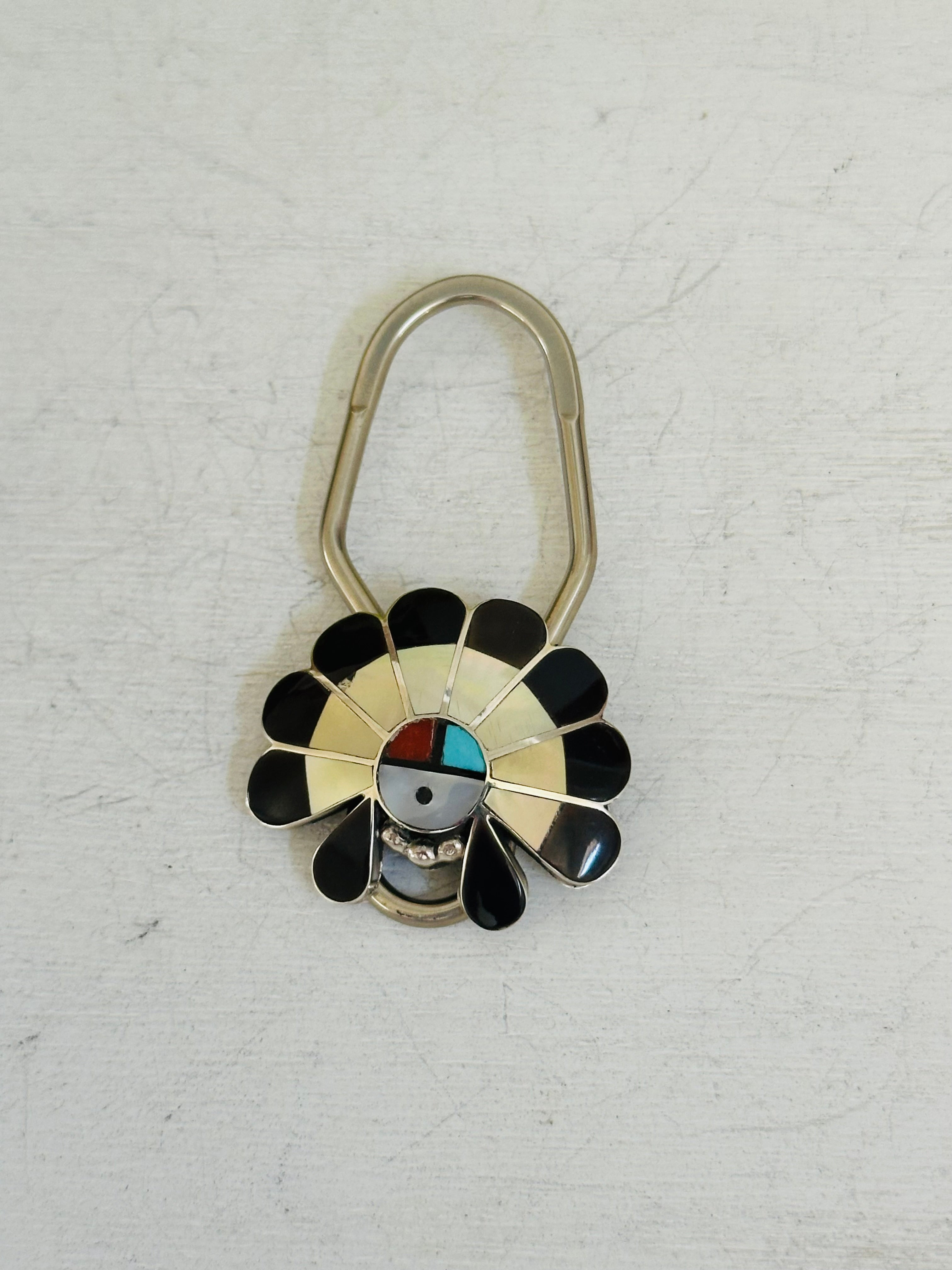 Zuni Made Sunface Inlay & Sterling Silver Keychain