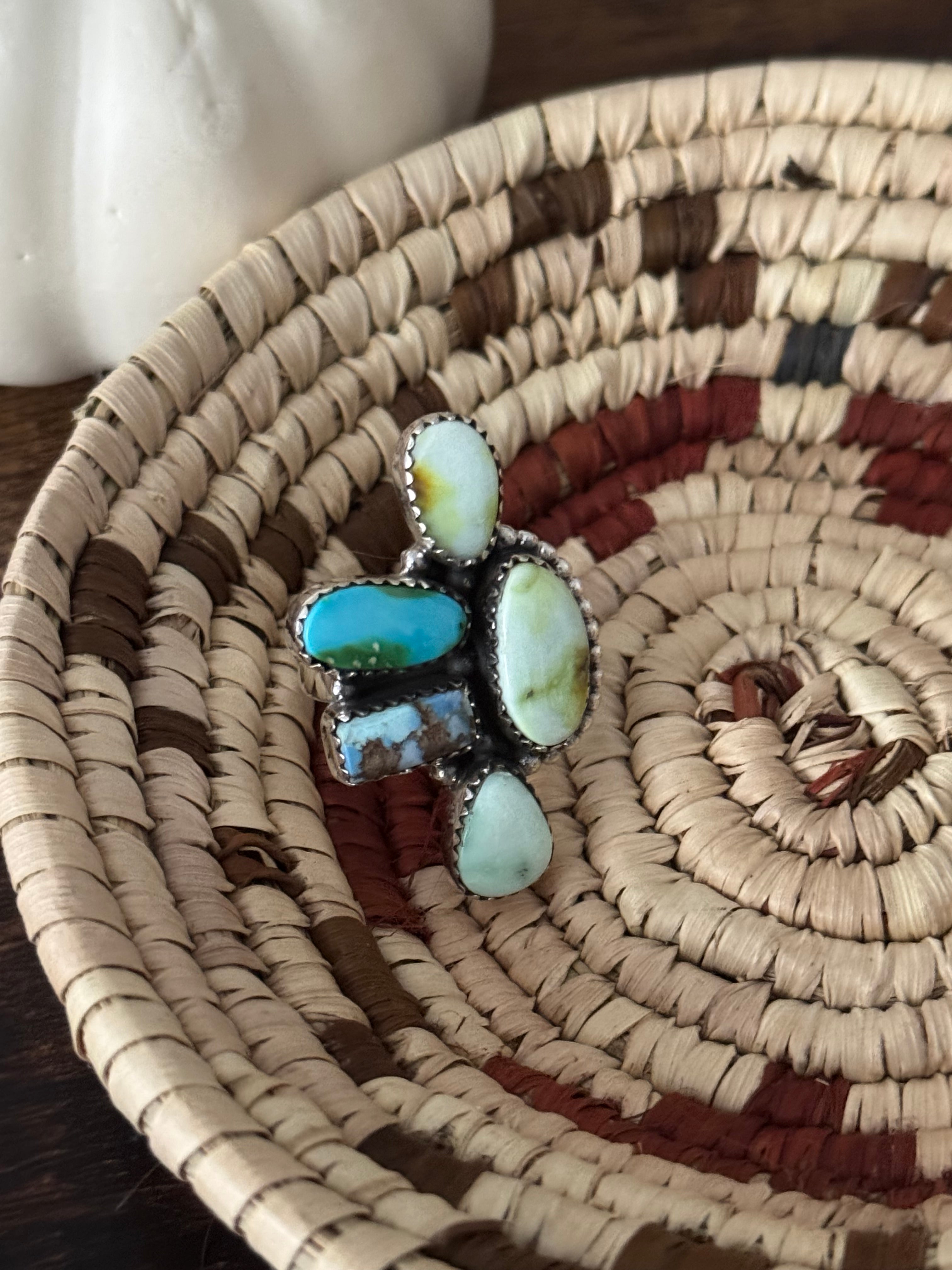 Southwest Handmade Multi Stone & Sterling Silver Adjustable Cluster Ring