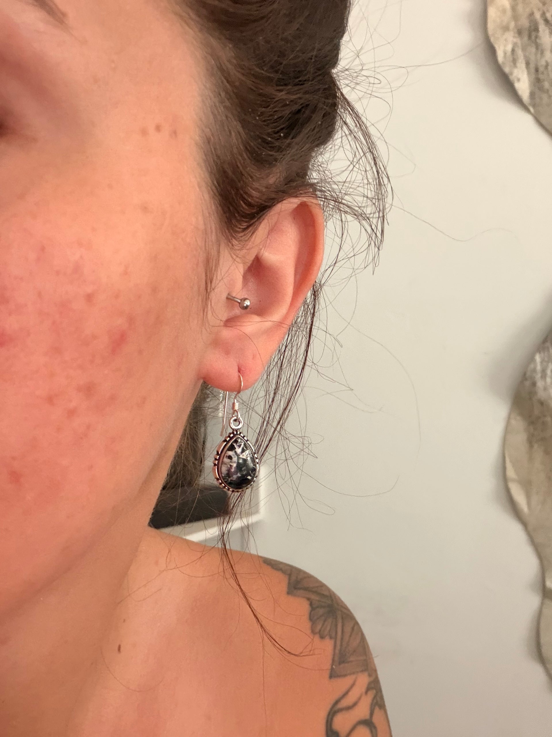 Navajo Made White Buffalo & Sterling Silver Dangle Earrings