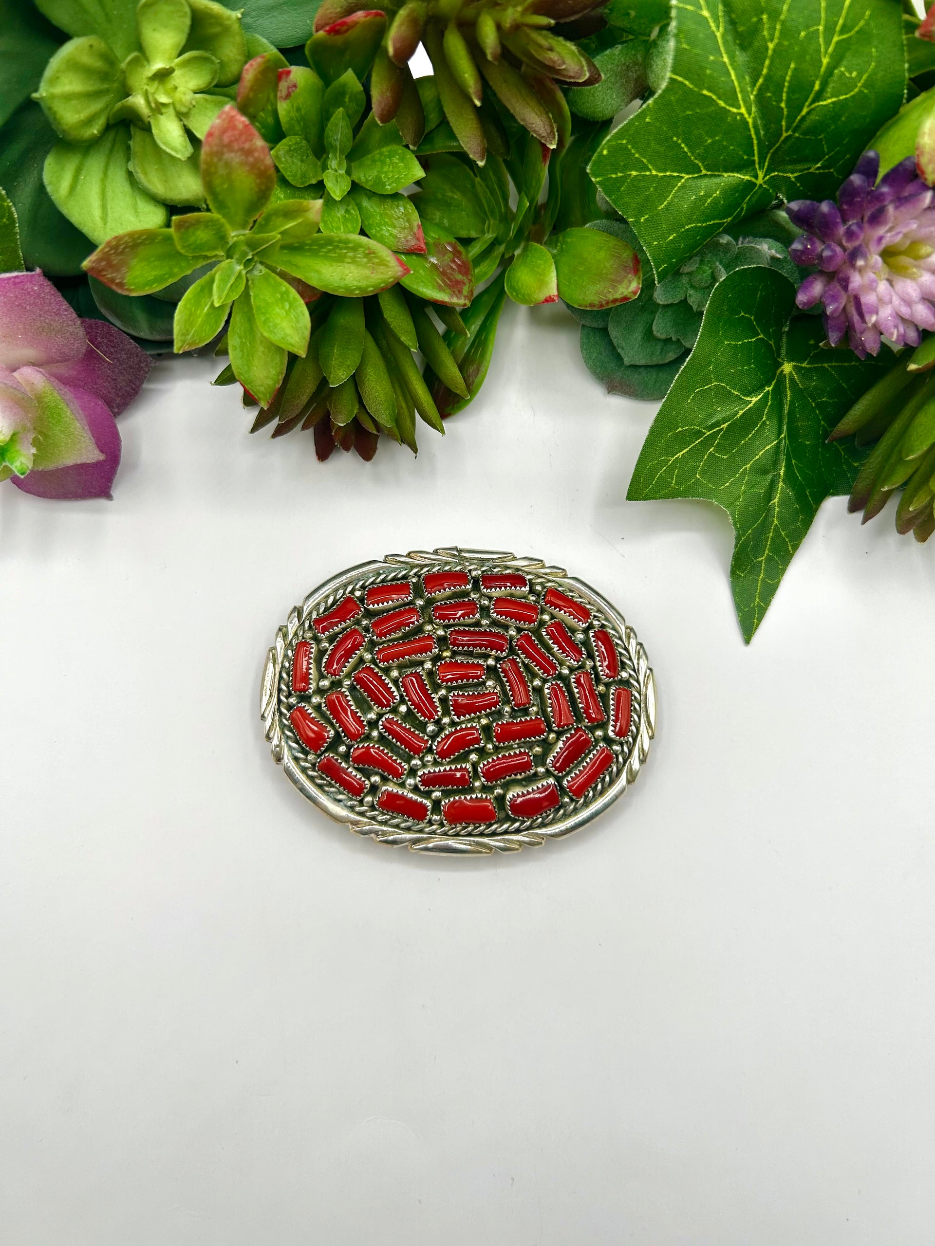 Navajo Made Mediterranean Coral & Sterling Silver Belt Buckle