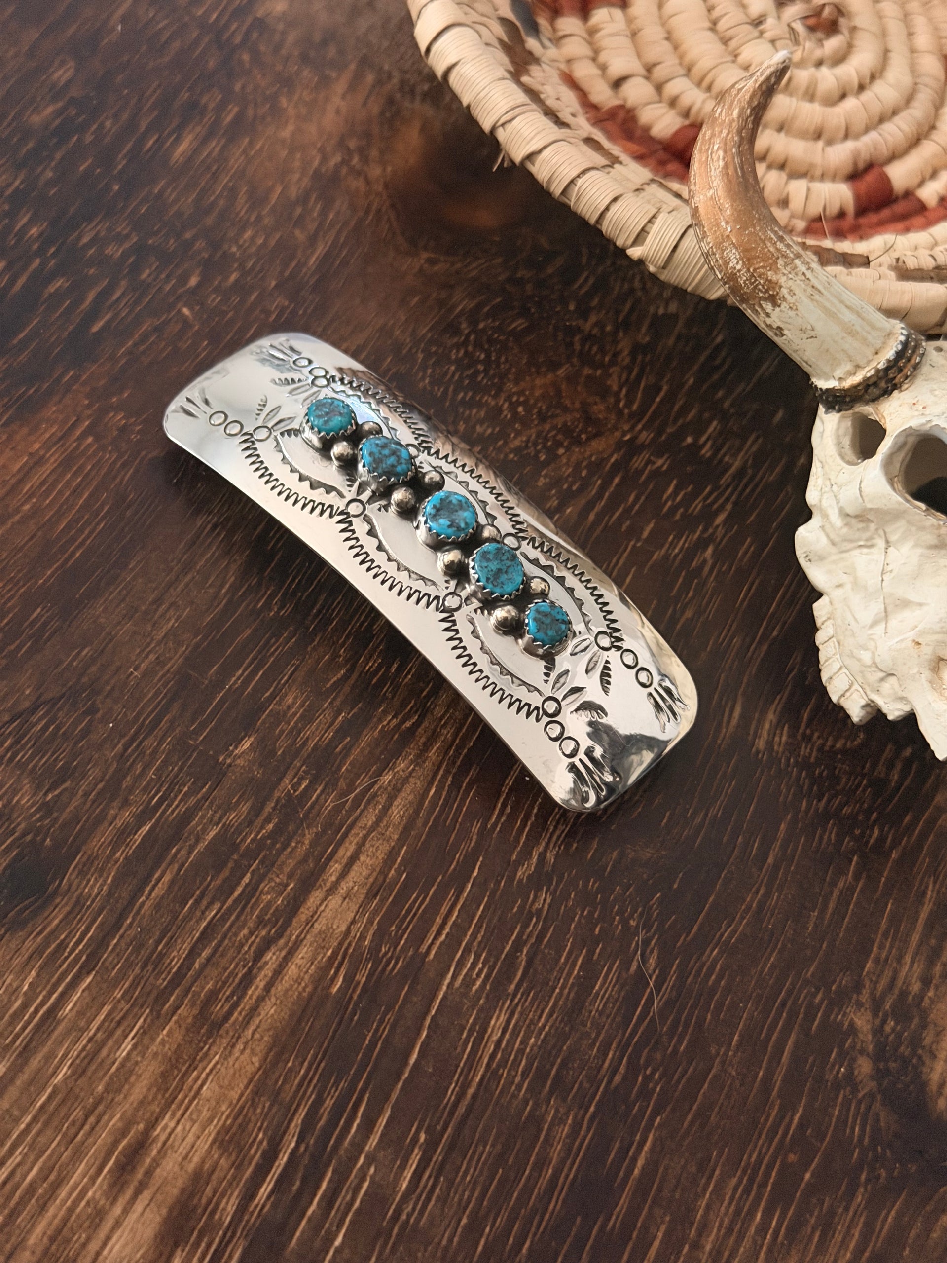 Navajo Made Kingman Turquoise & Sterling Silver Hair Barrette