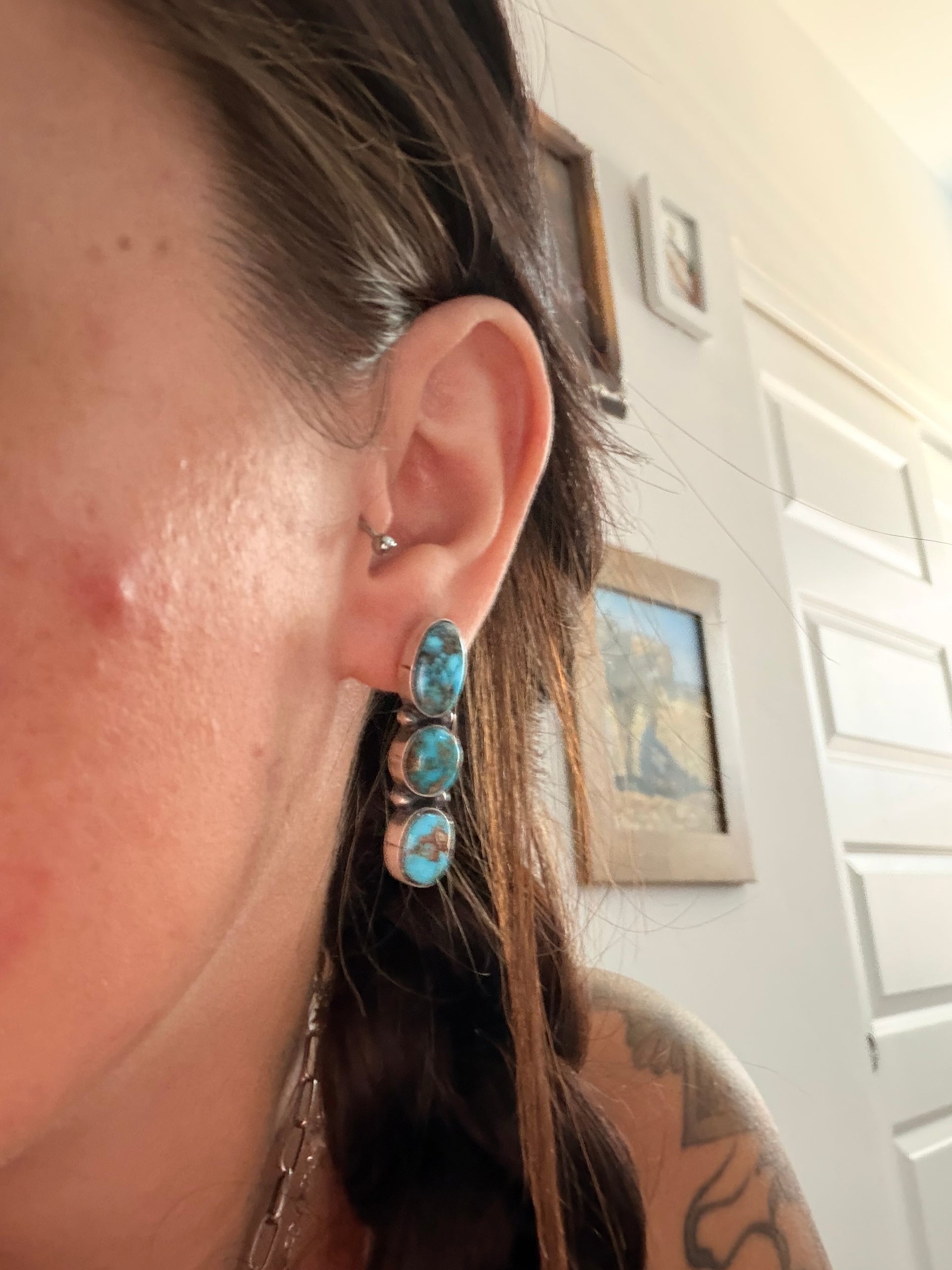 Dave Skeets Kingman Turquoise & Sterling Silver Post Dangle Earrings
