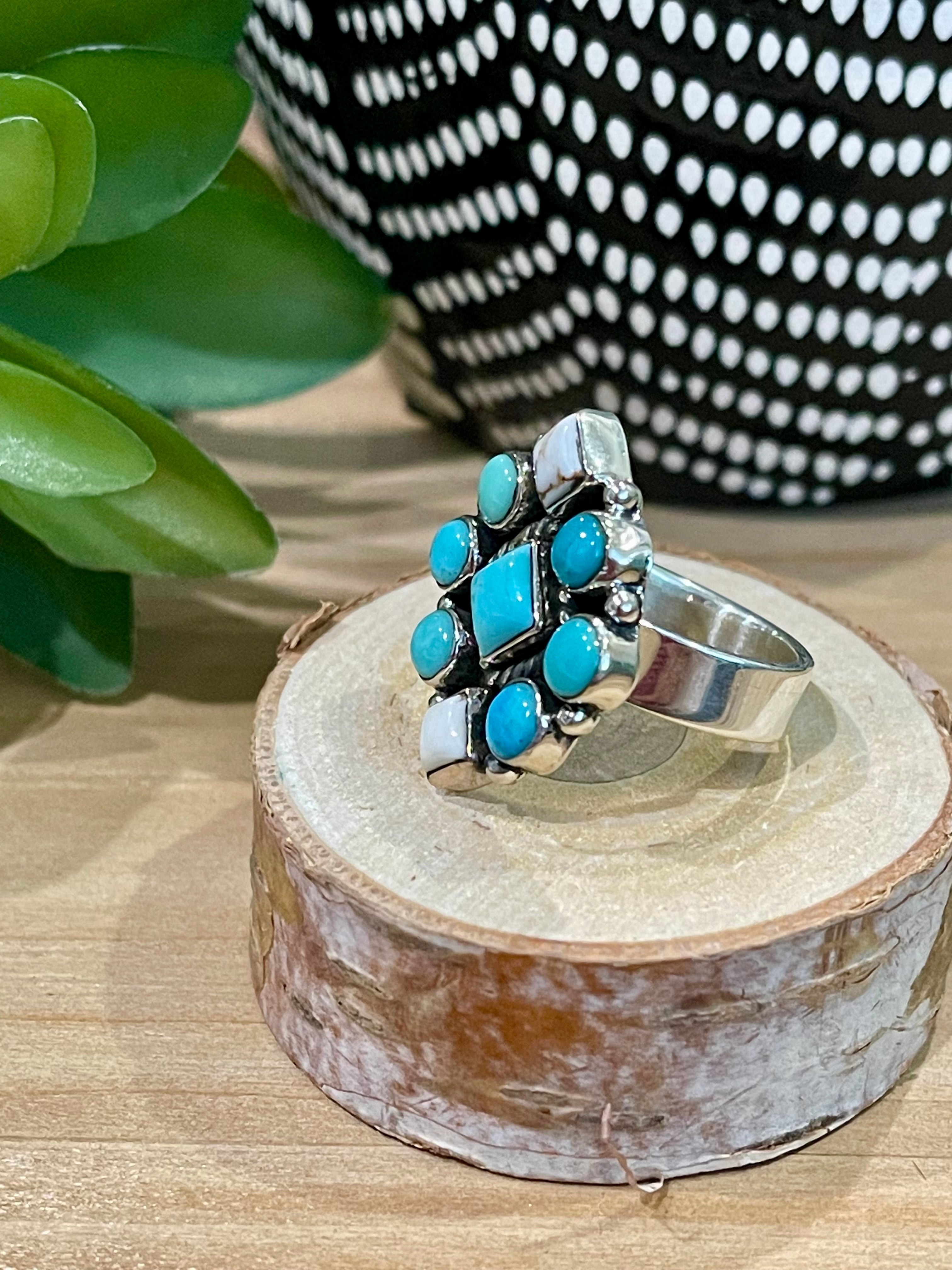 Southwest Handmade Multi Stone & Sterling Silver Adjustable Cluster Ring