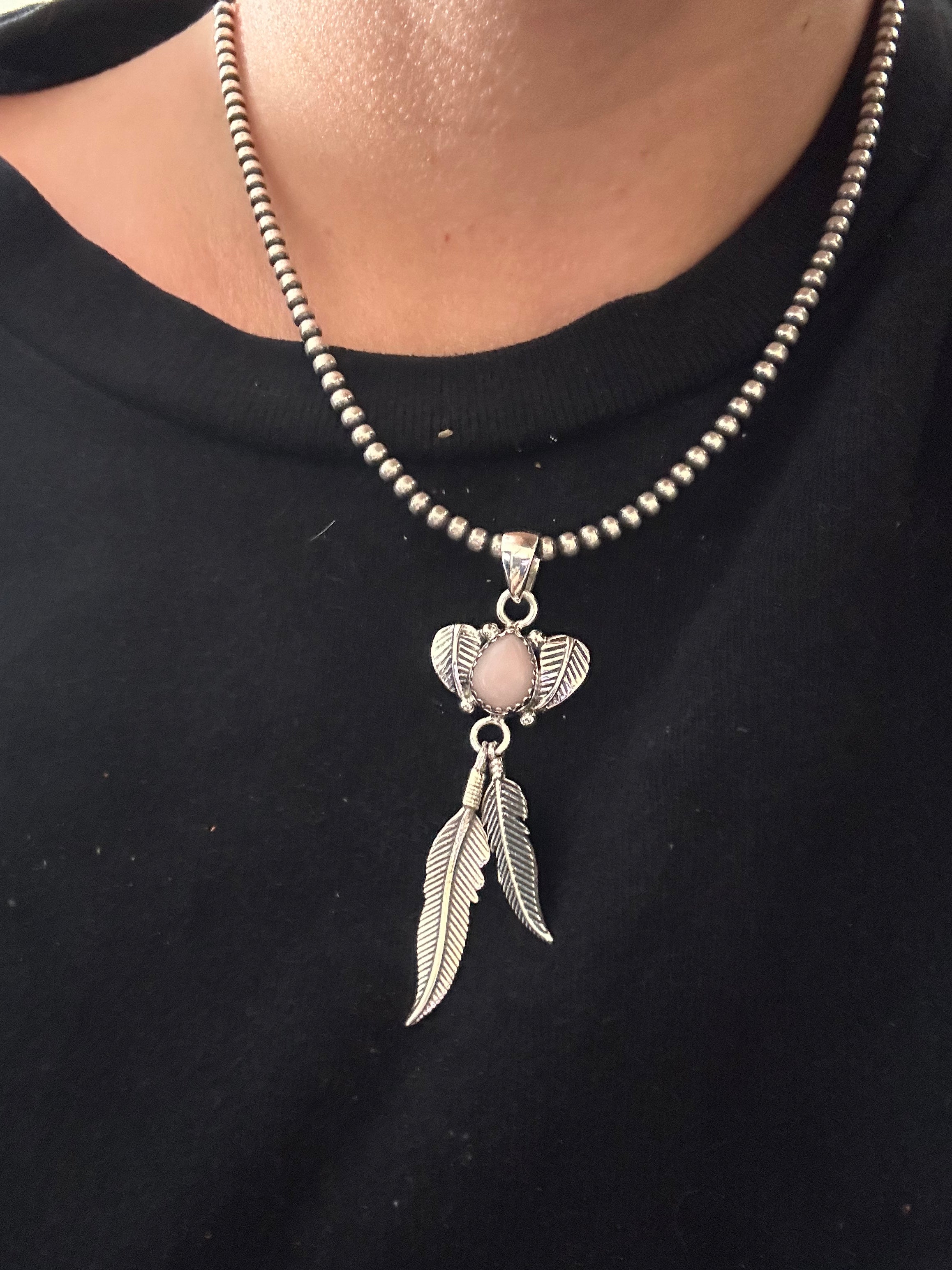 Southwest Handmade Pink Conch & Sterling Silver Feather Pendants