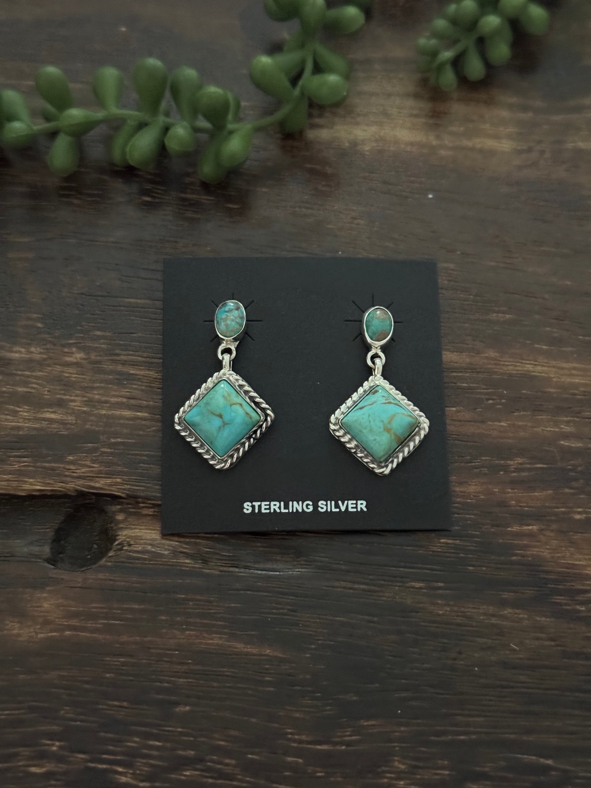 Navajo Made Kingman Turquoise & Sterling Silver Post Dangle Earrings