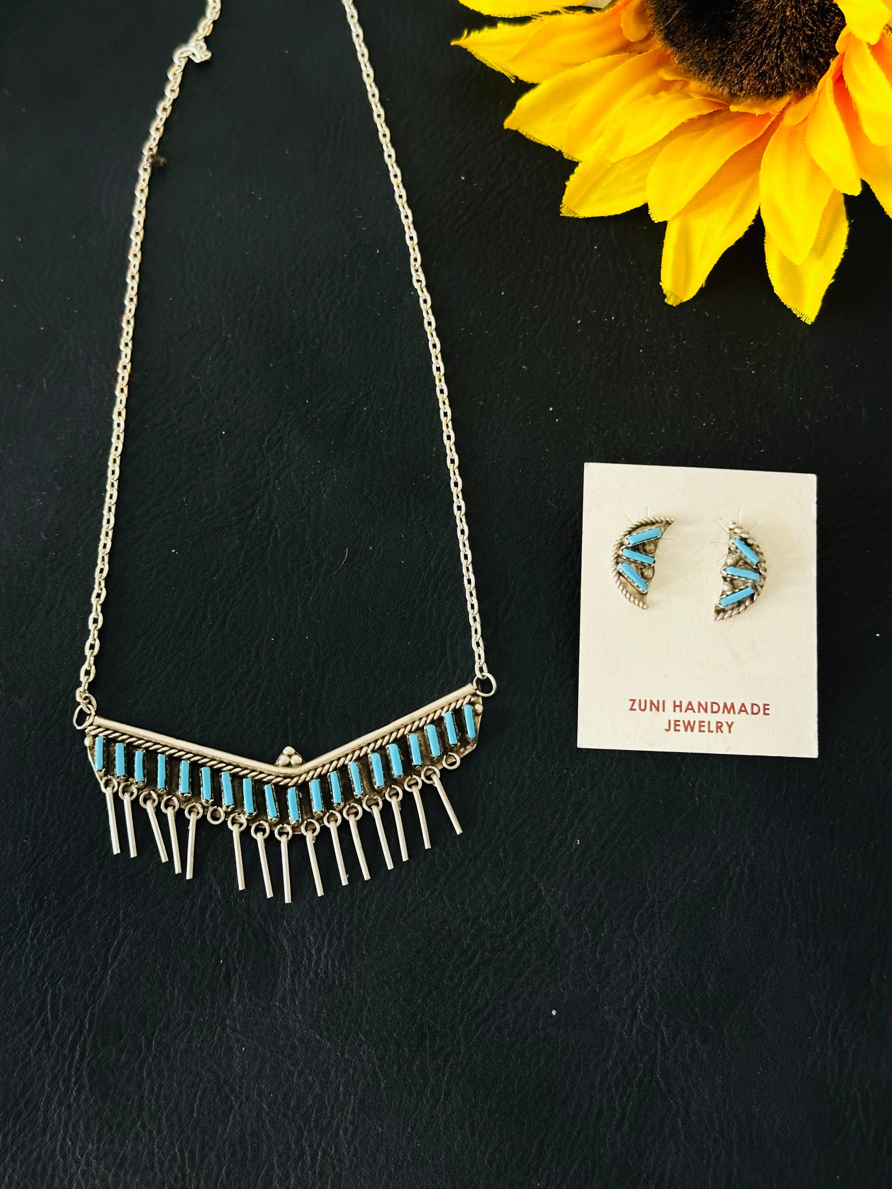 Zuni Made Turquoise & Sterling Silver Needlepoint Necklace Set