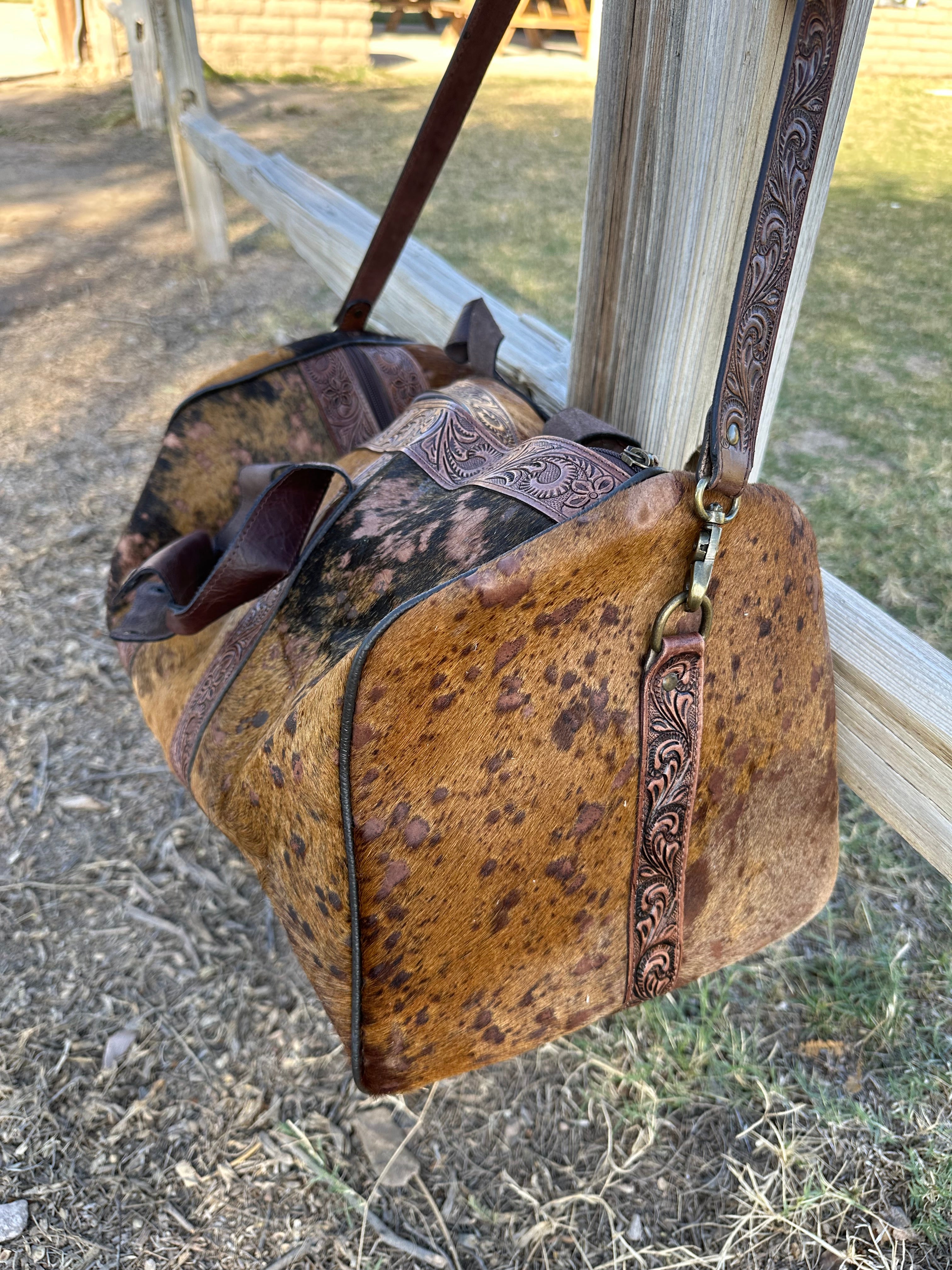 Genuine Tooled Leather Cowhide Duffle Bag