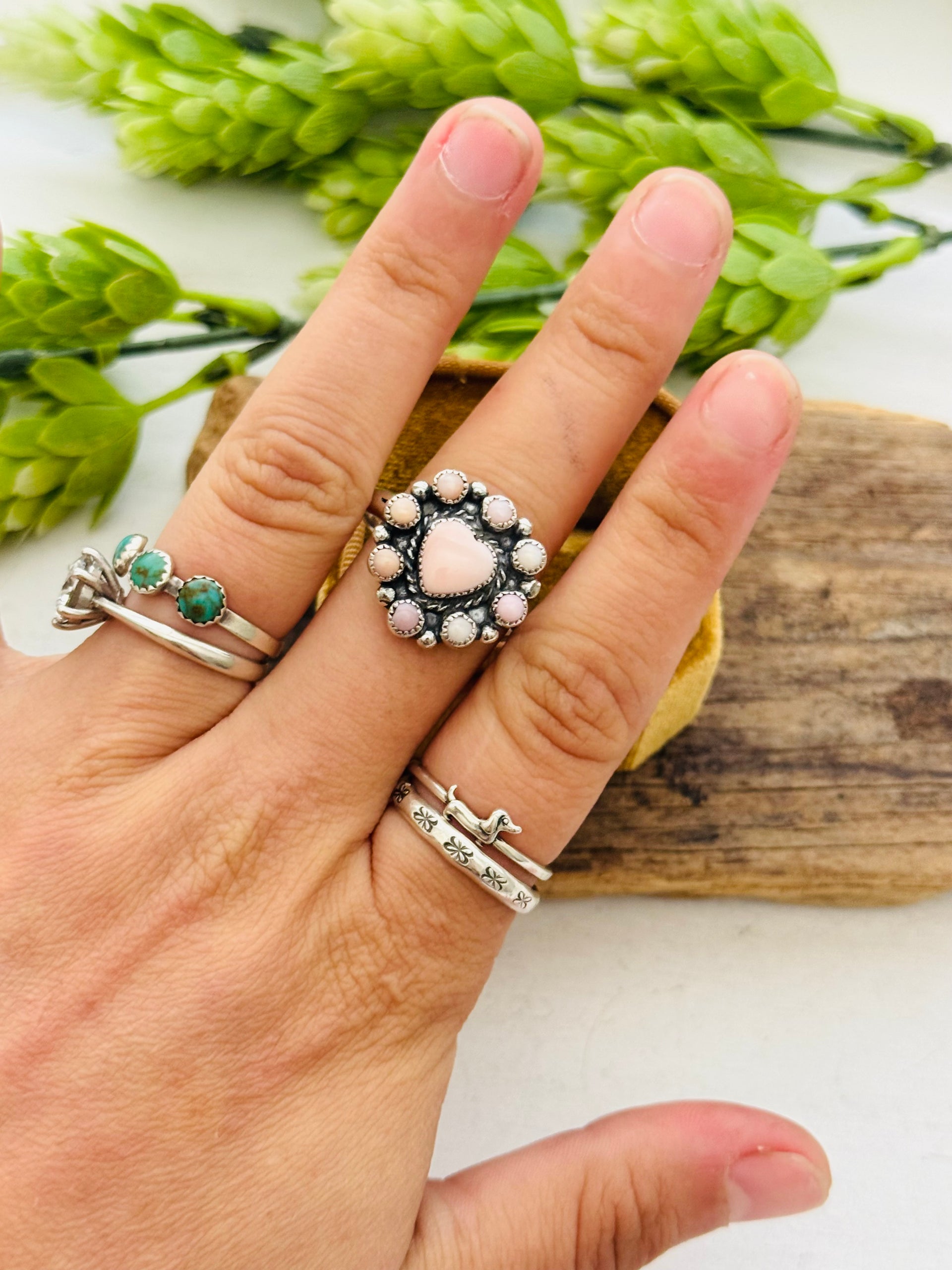 Virginia Sandoval Pink Conch & Sterling Silver Adjustable Cluster Ring