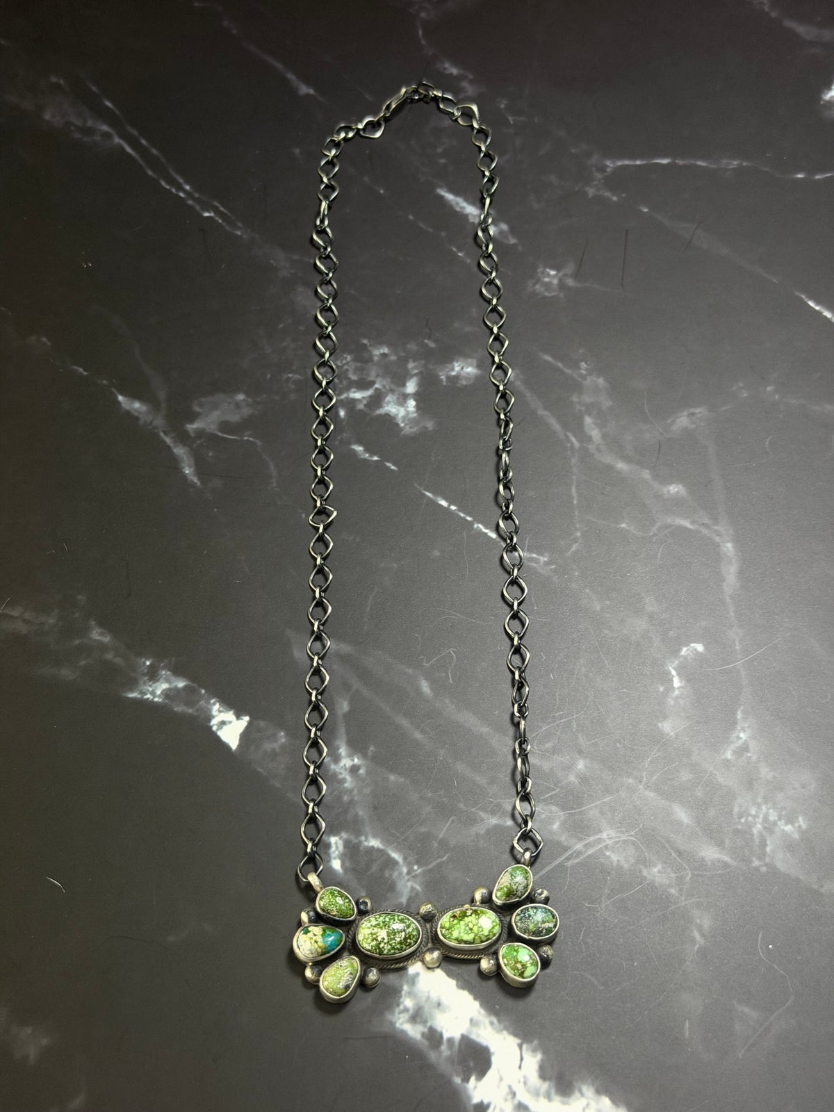 Navajo Made Sonoran Gold Turquoise & Sterling Silver Cluster Bar Necklace