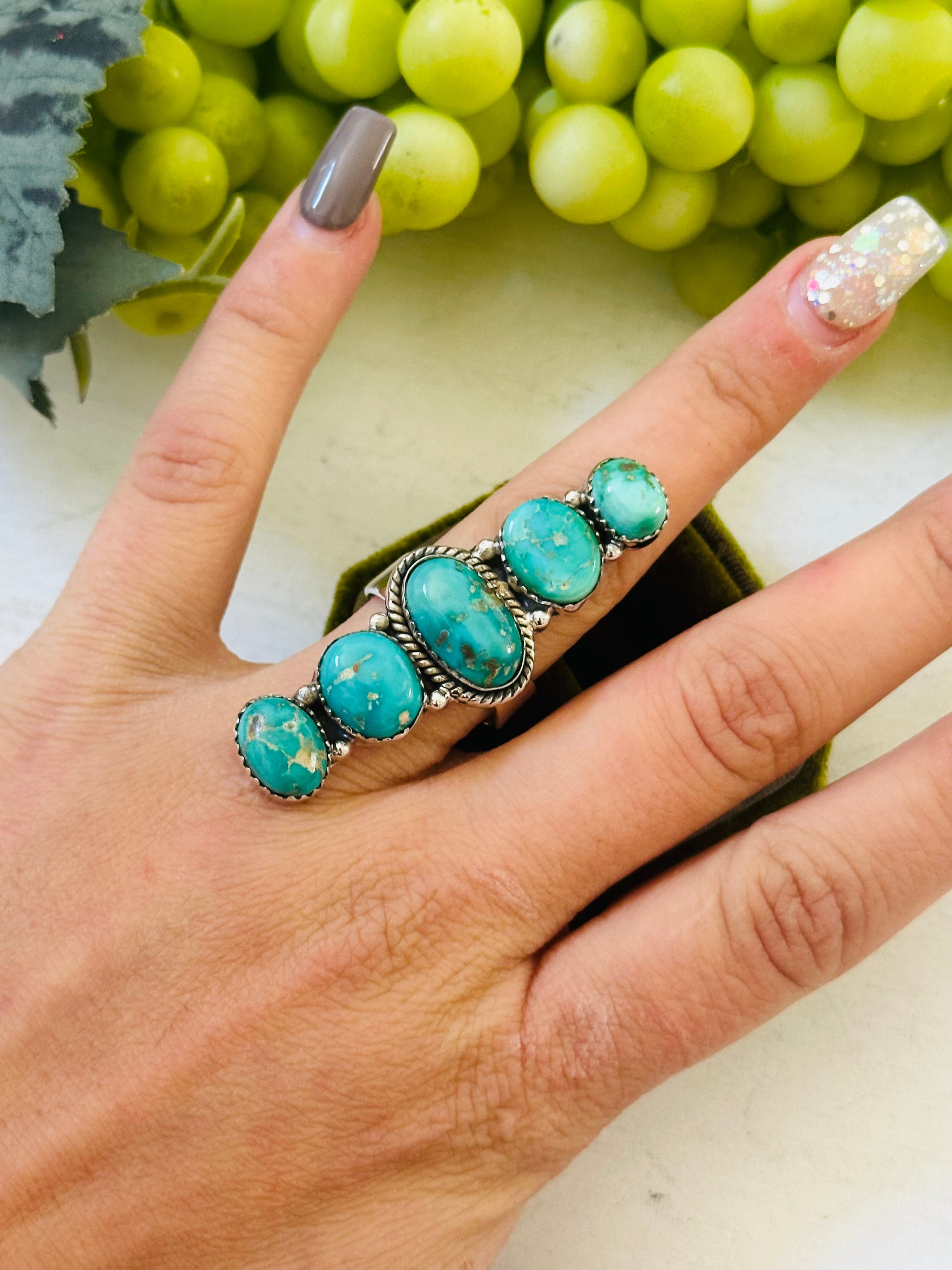 Southwest Handmade Emerald Valley Turquoise & Sterling Silver Adjustable Cluster Ring