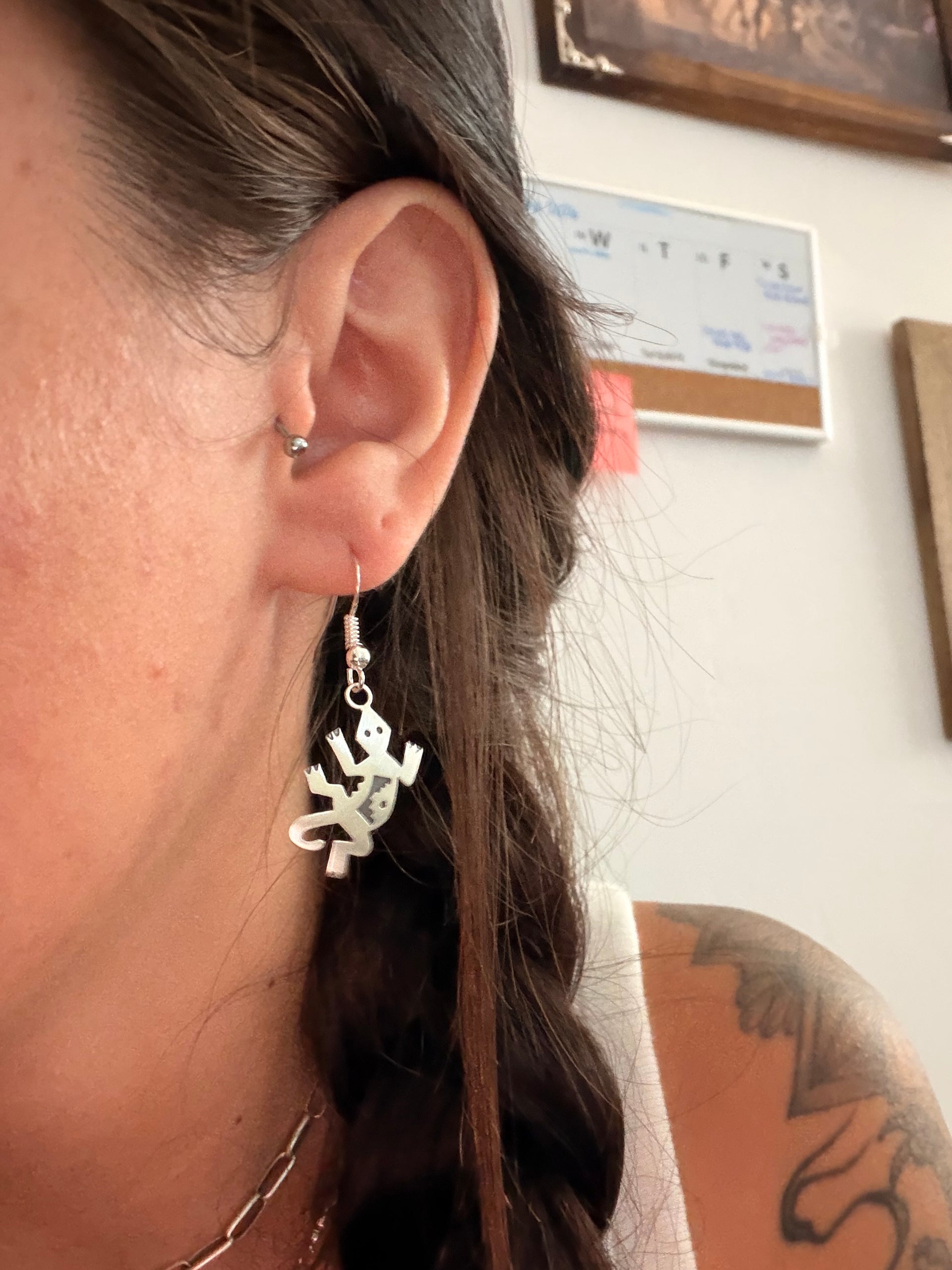 Navajo Made Sterling Silver Lizard Dangle Earrings