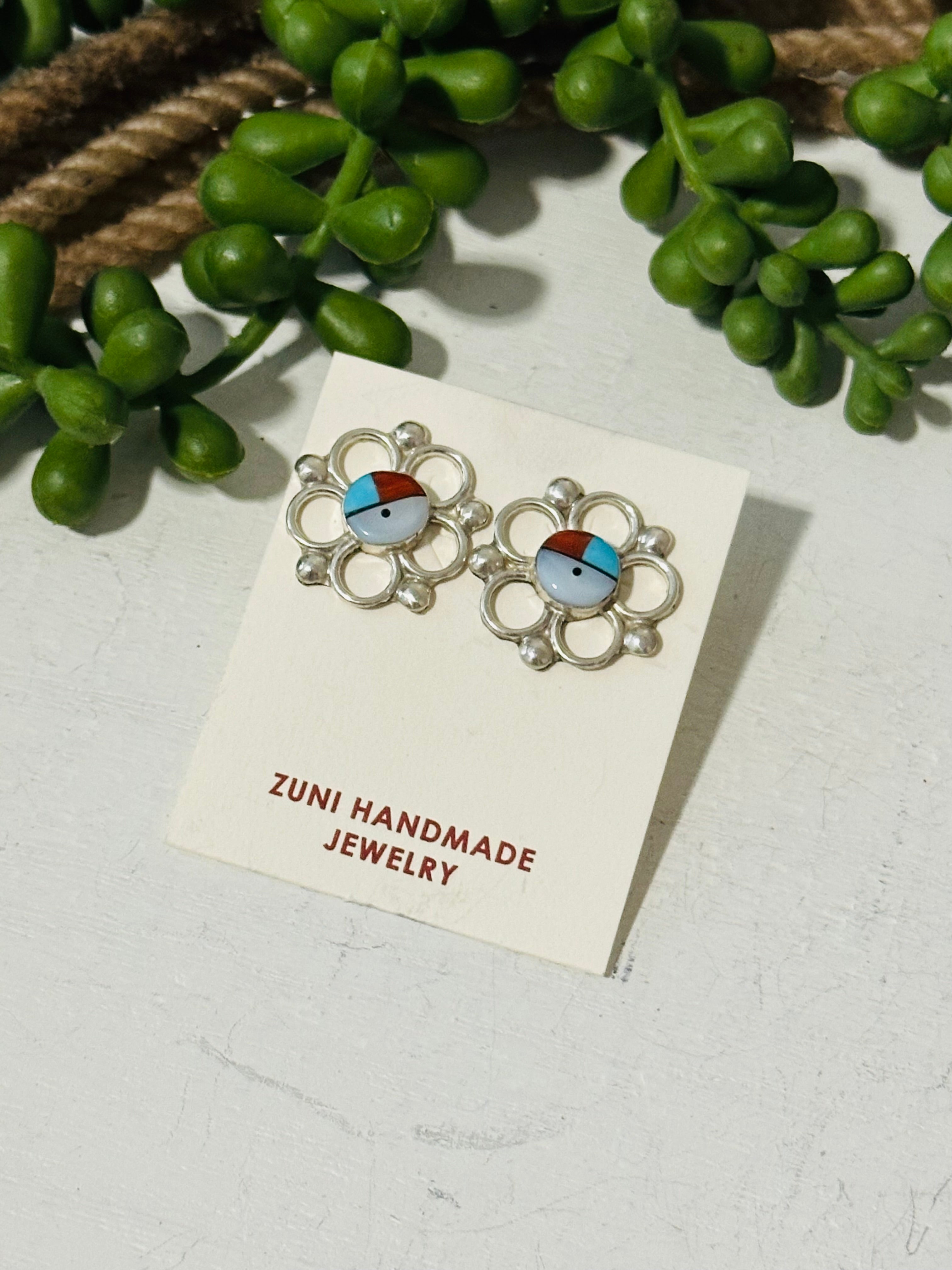 Zuni Made Multi Stone & Sterling Silver Inlay Post Sunface Earrings