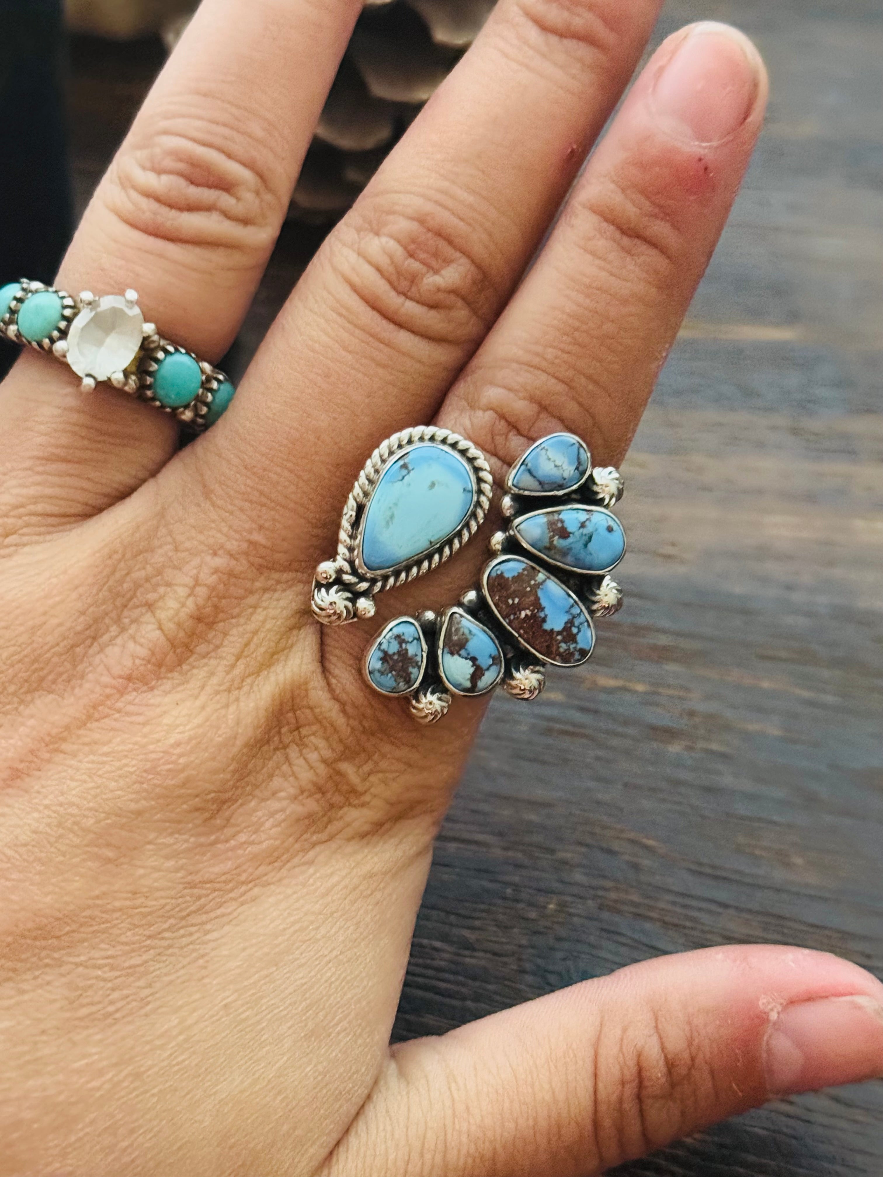 Southwest Handmade Golden Hills Turquoise & Sterling Silver Adjustable Cluster Ring