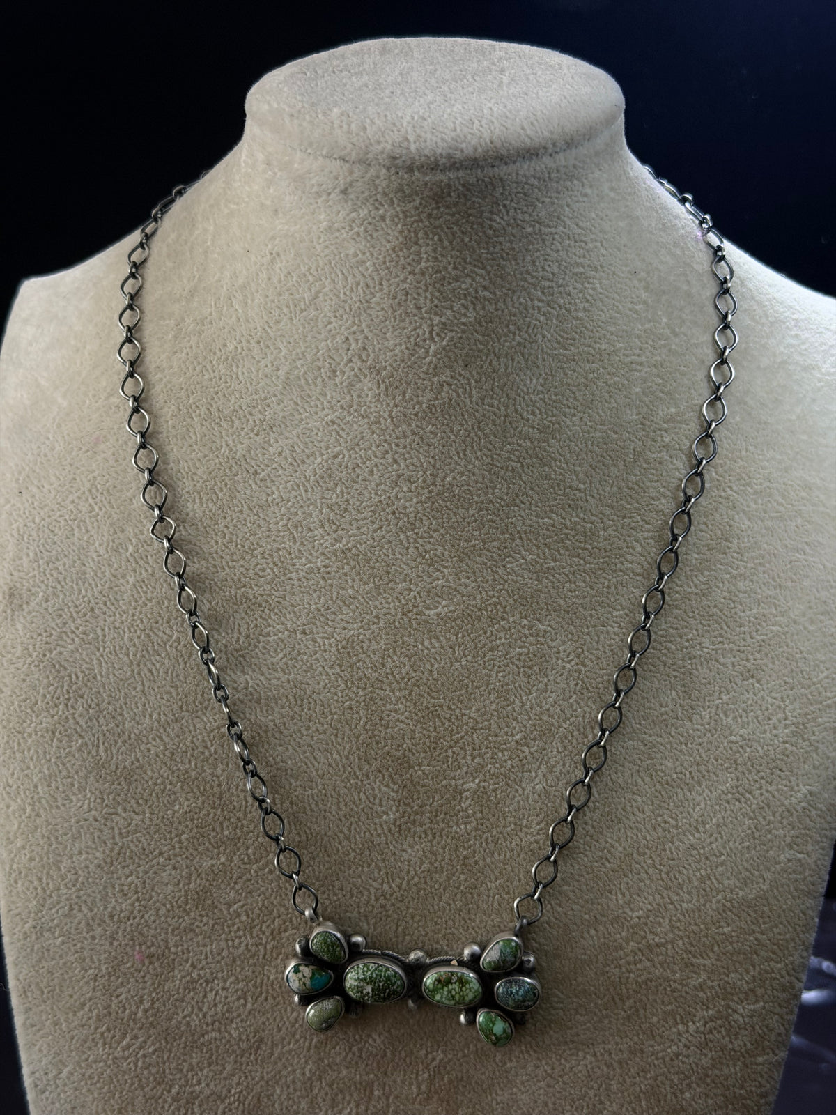 Navajo Made Sonoran Gold Turquoise & Sterling Silver Cluster Bar Necklace